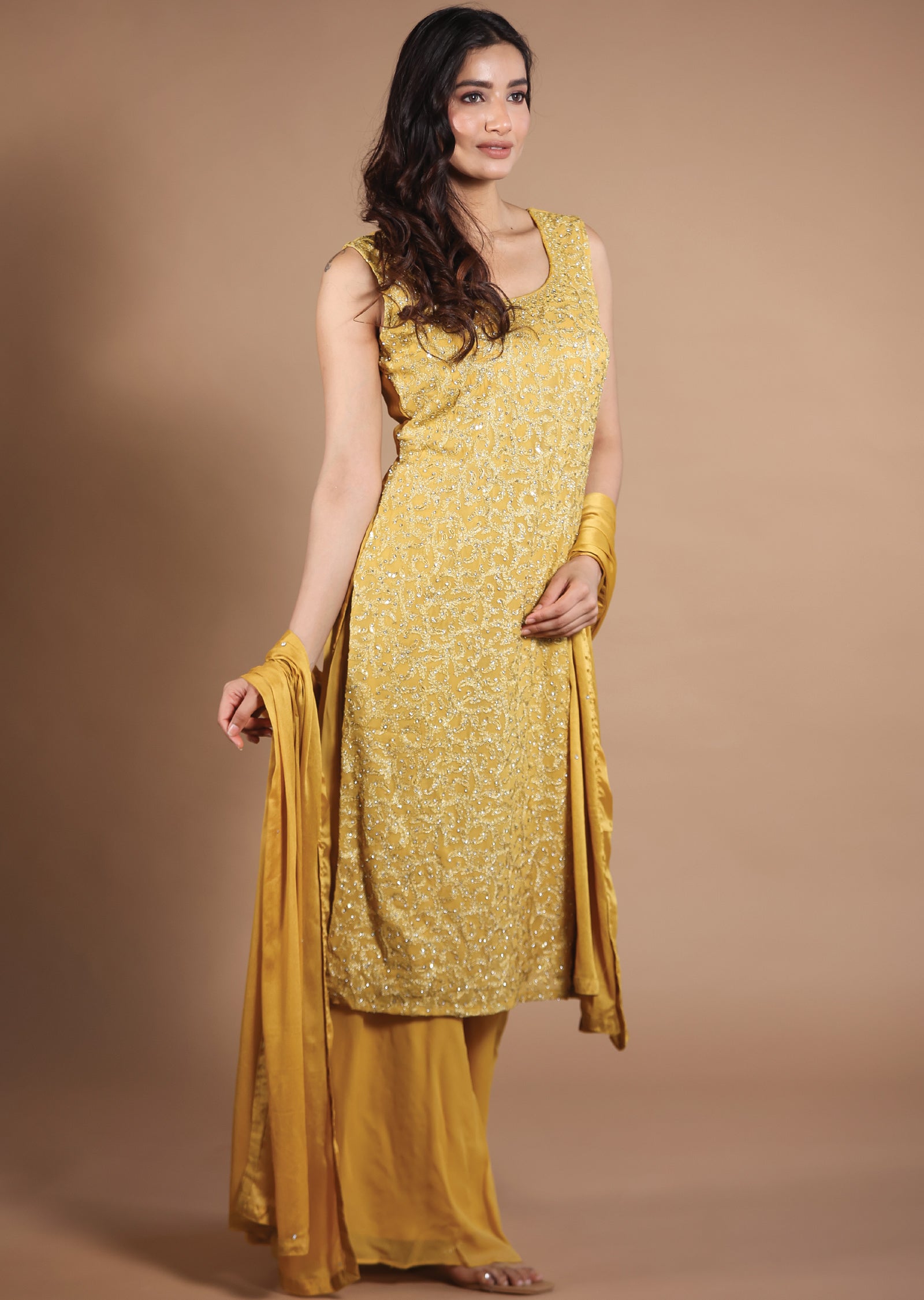 Mustard Georgette Straight Cut Suits