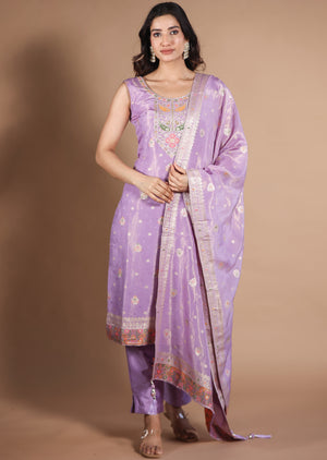 Lavender Banarasi Silk Straight Cut suit