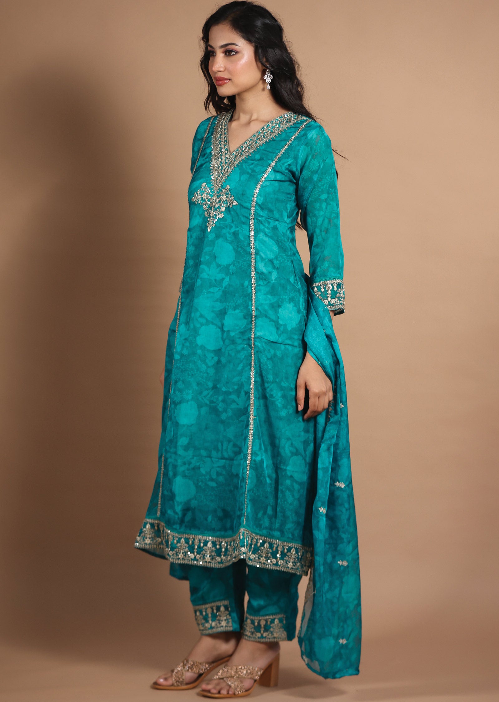 Rama Green Organza Straight Cut Suits