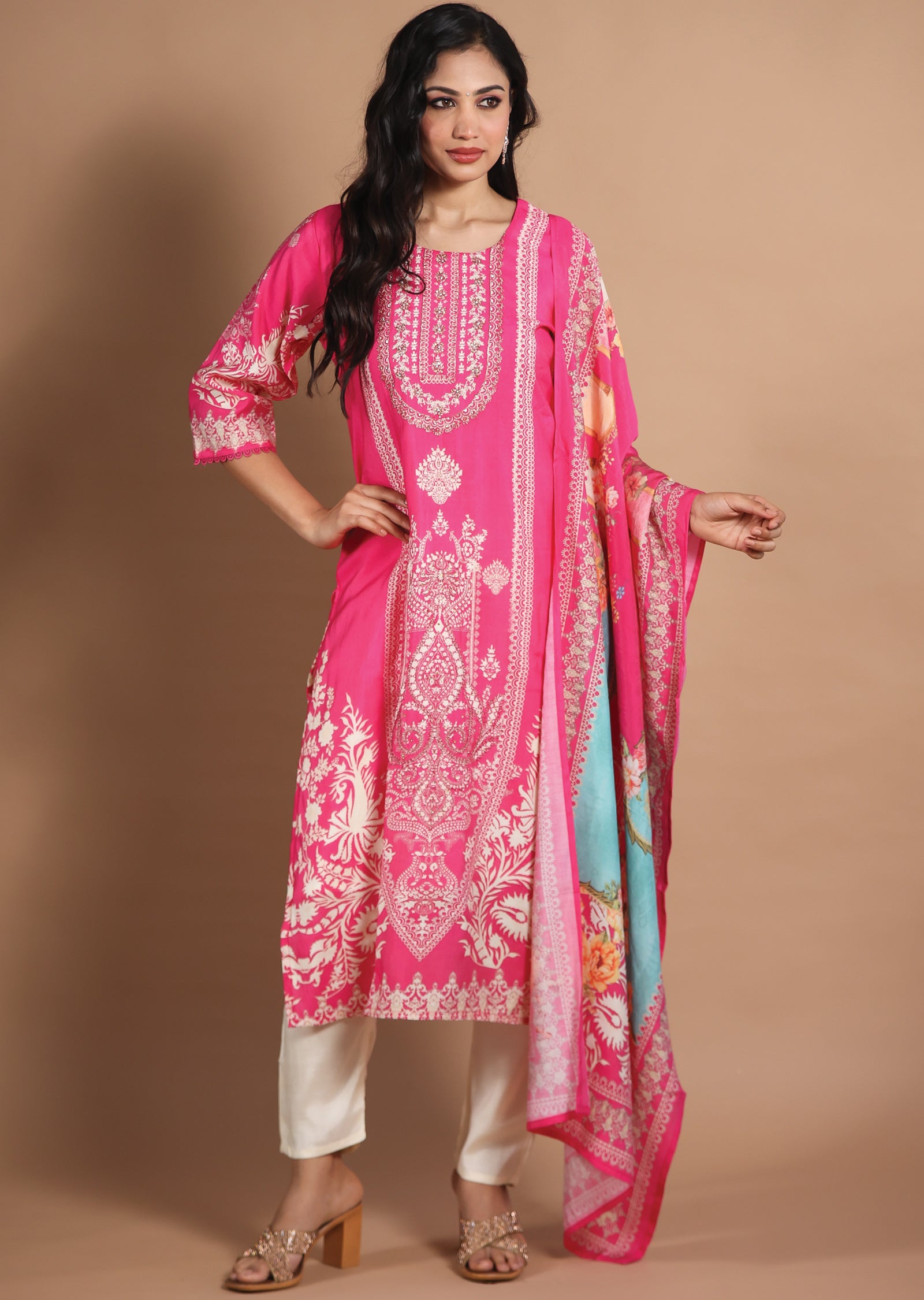 Pink Muslin Straight Cut Suits