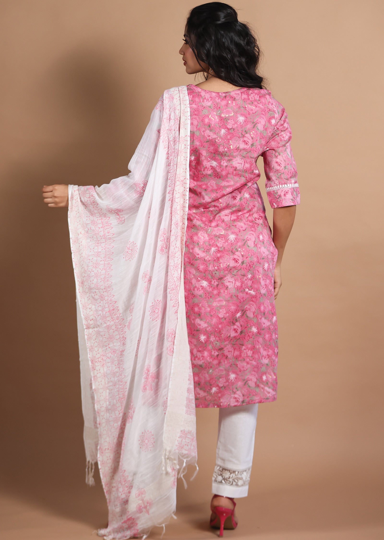 Pink Cotton Straight Cut Suit