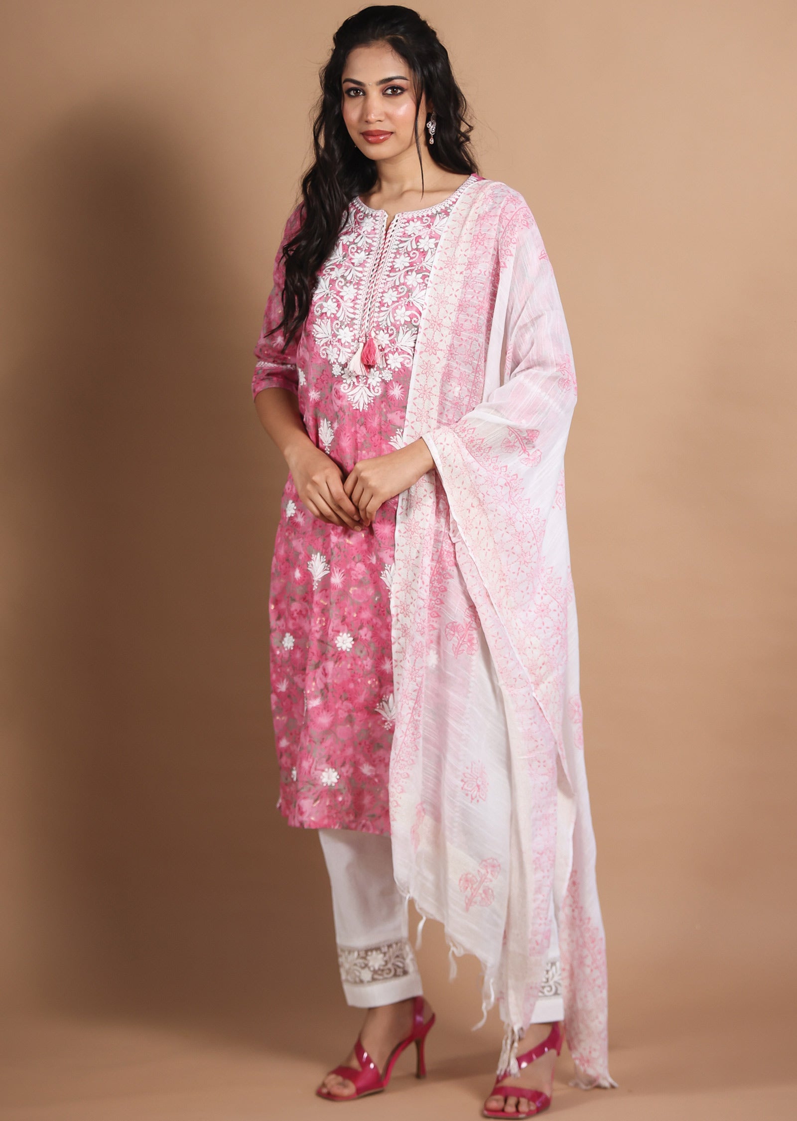 Pink Cotton Straight Cut Suit