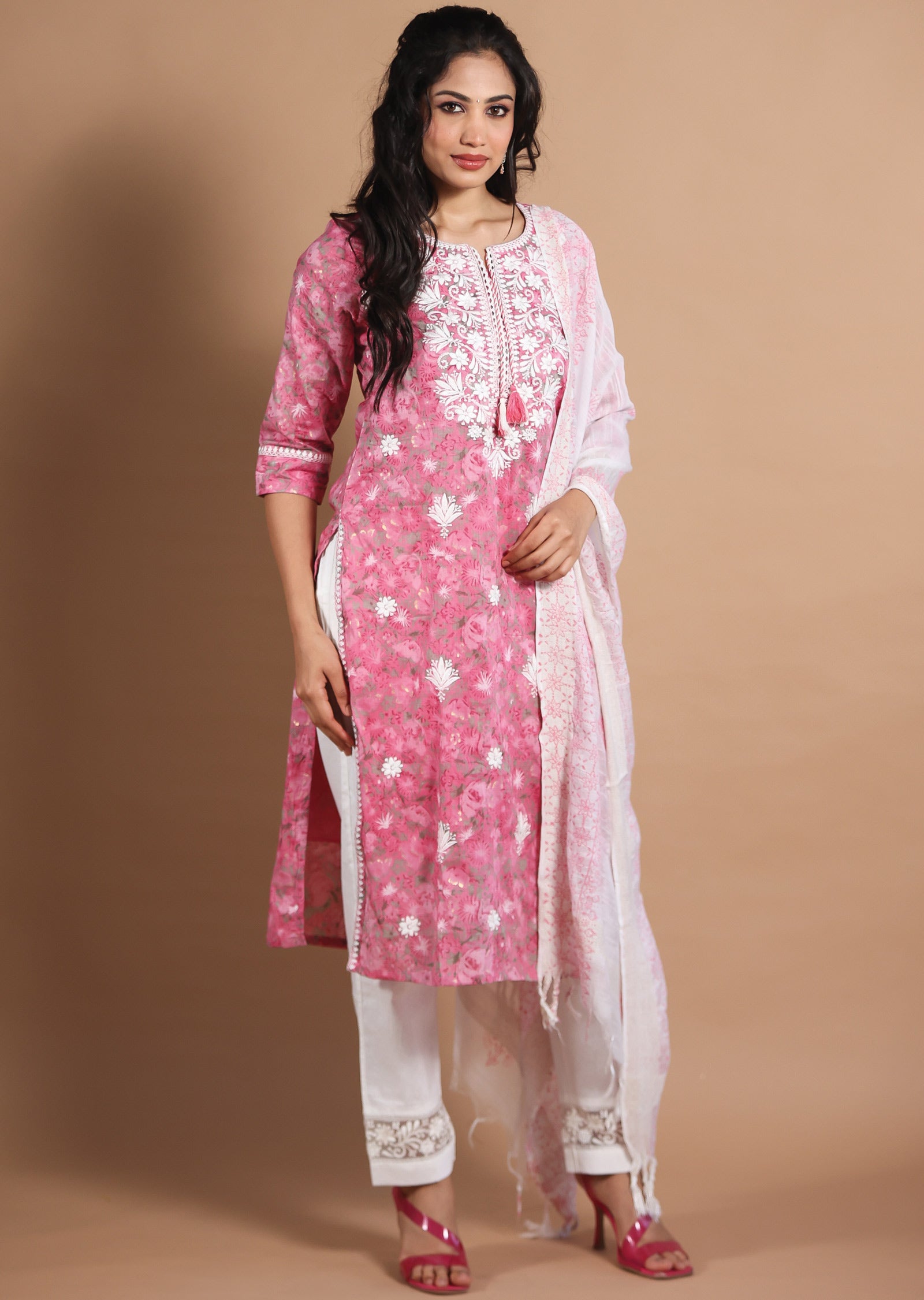 Pink Cotton Straight Cut Suit