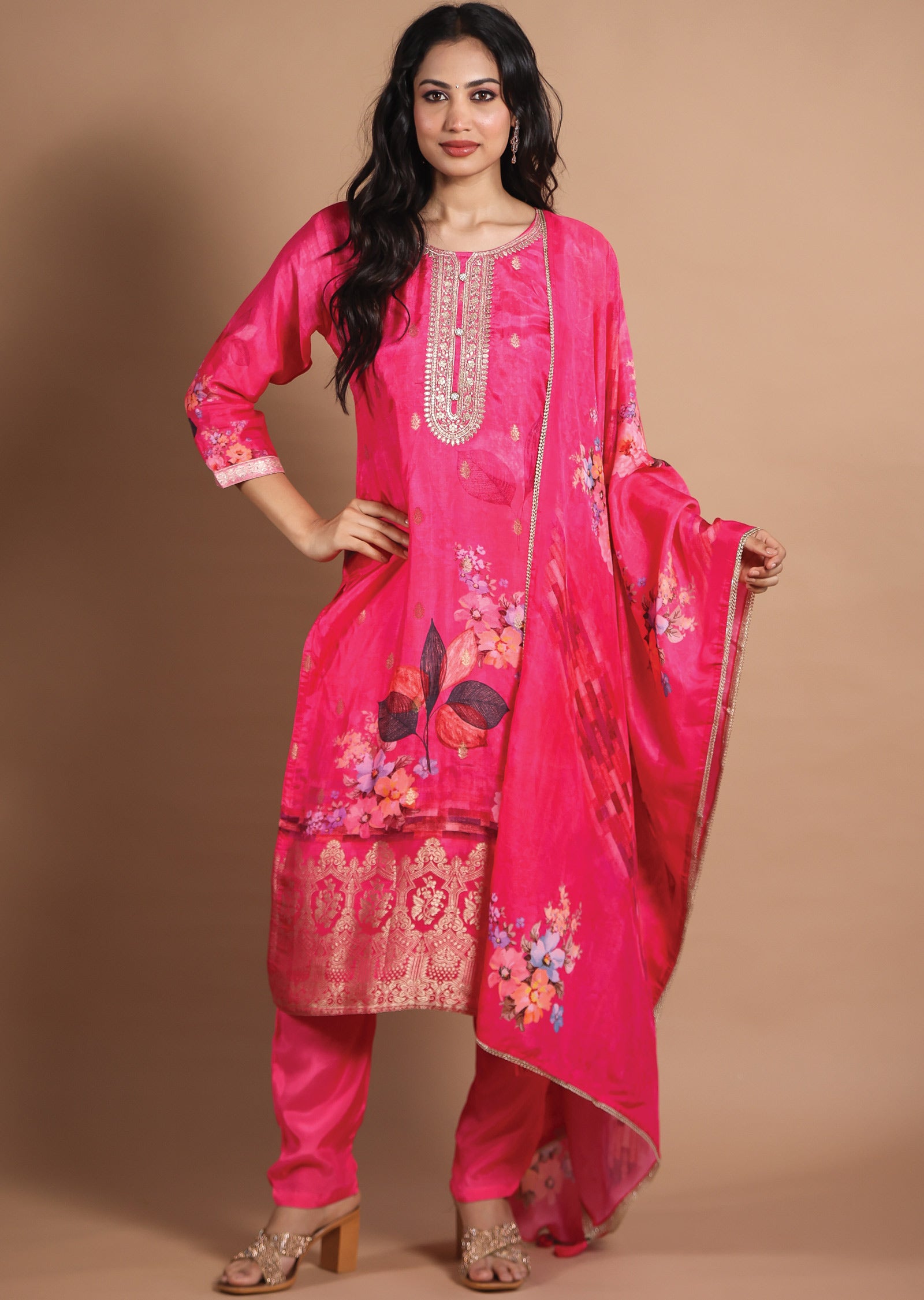 Rani Pink Banaras Silk Straight Cut Suit