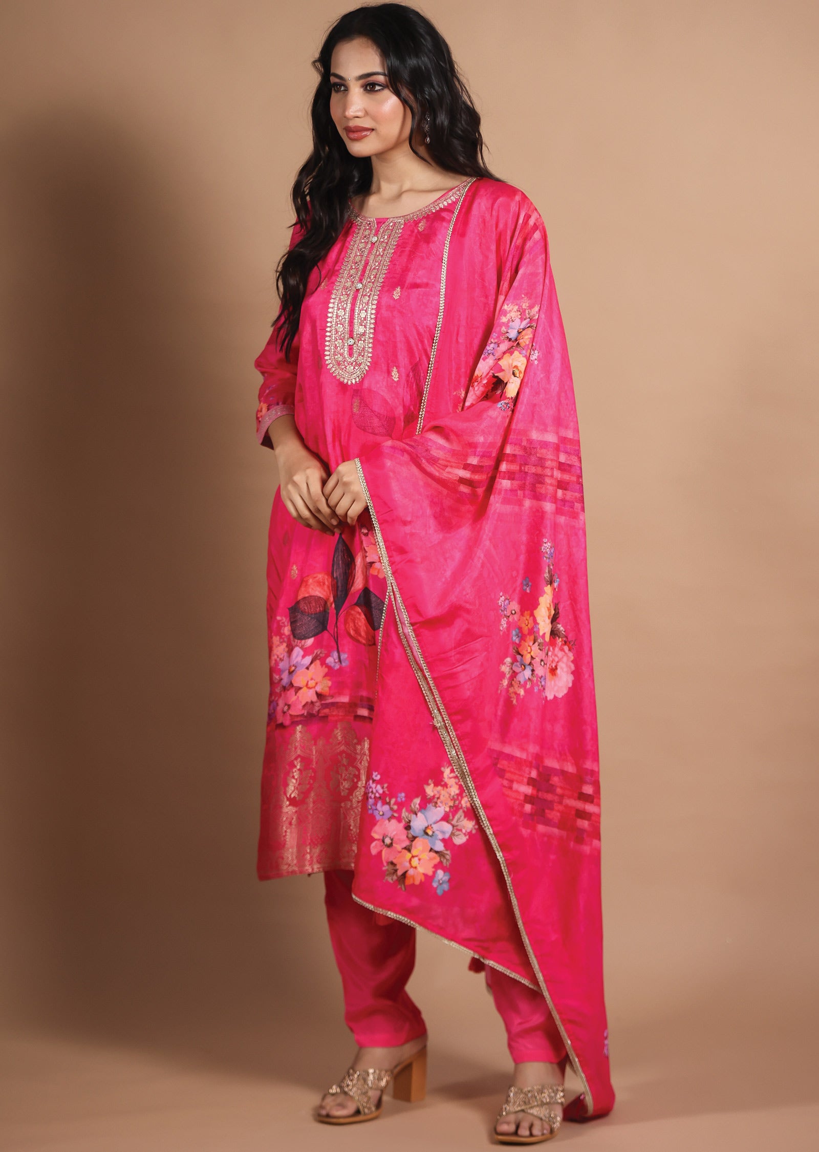 Rani Pink Banarasi Silk Straight Cut Suit