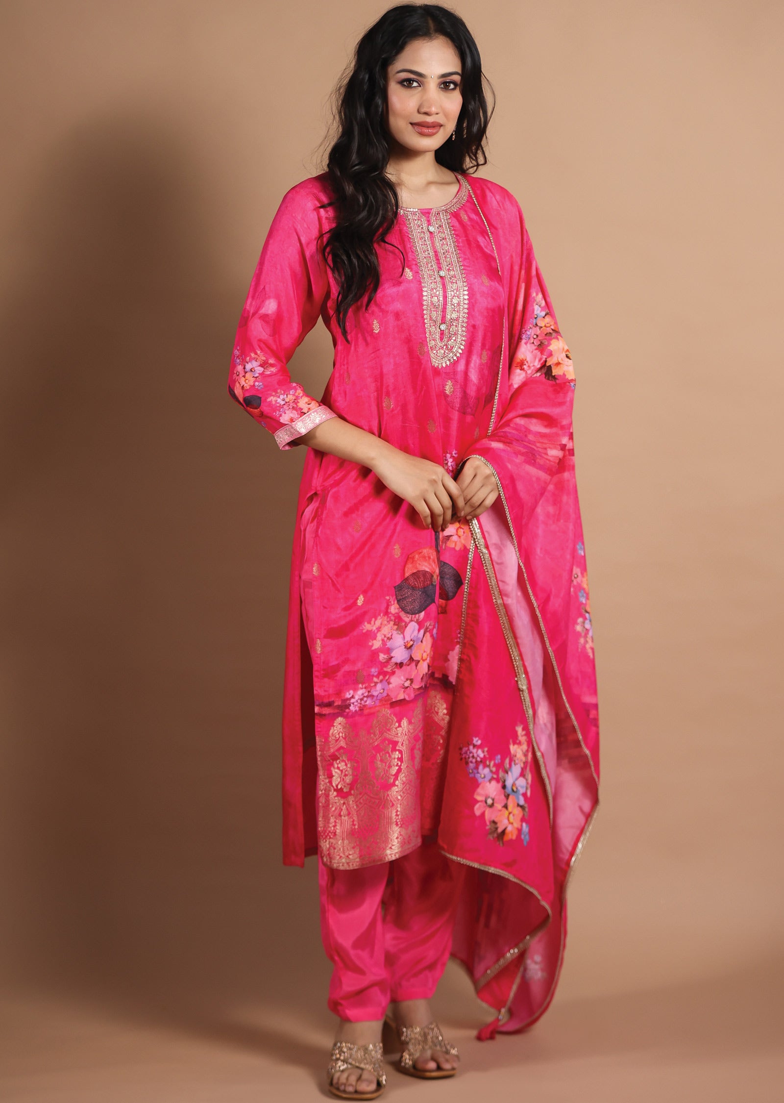 Rani Pink Banarasi Silk Straight Cut Suit