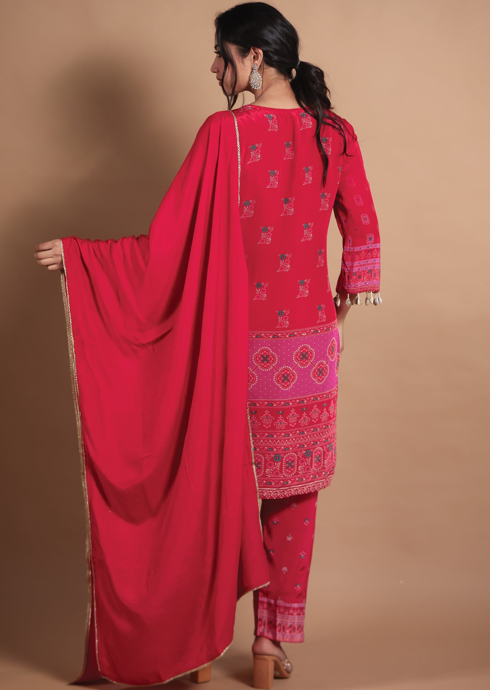 Red & Pink Crepe Straight Cut Suit