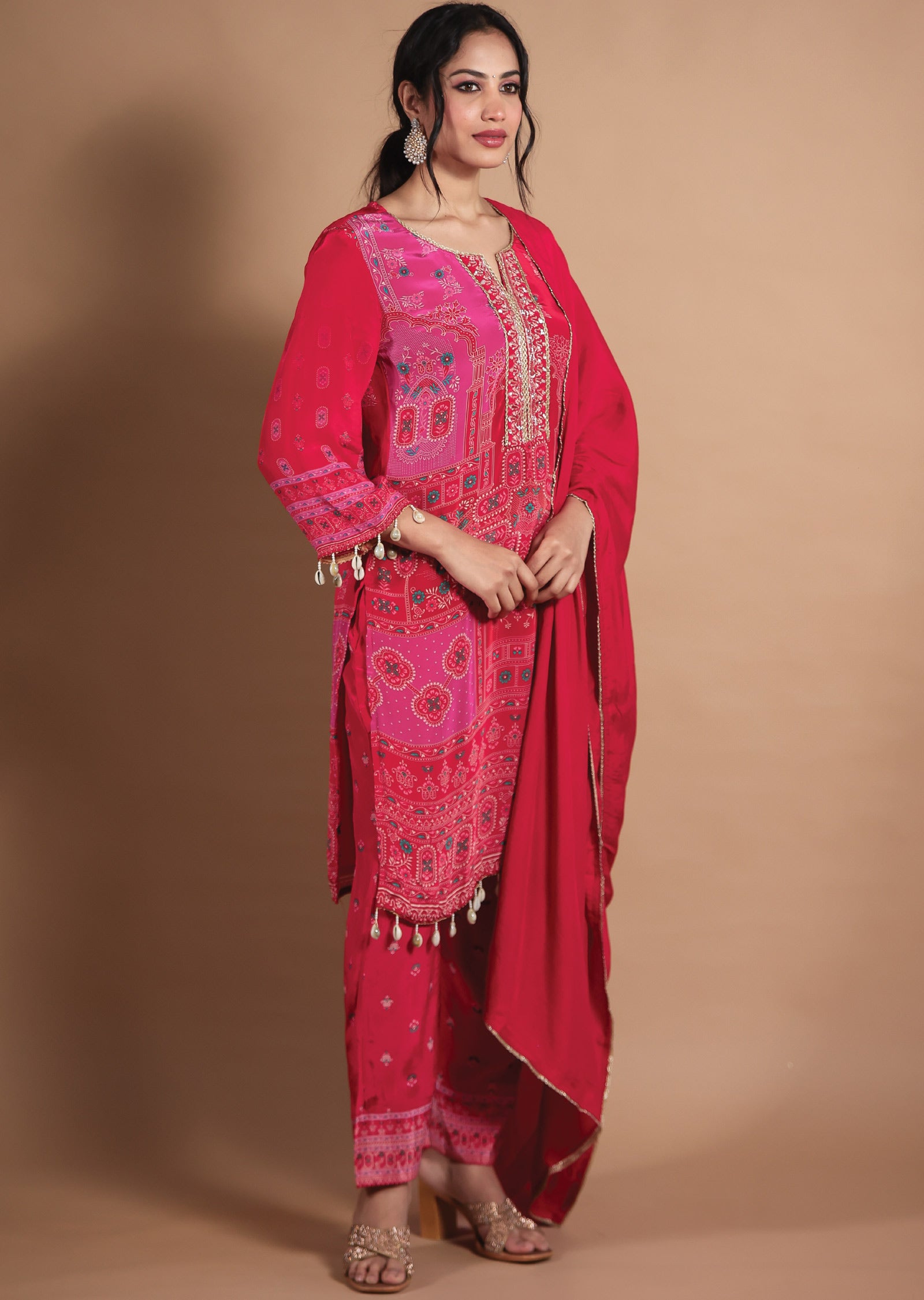 Red & Pink Crepe Straight Cut Suit