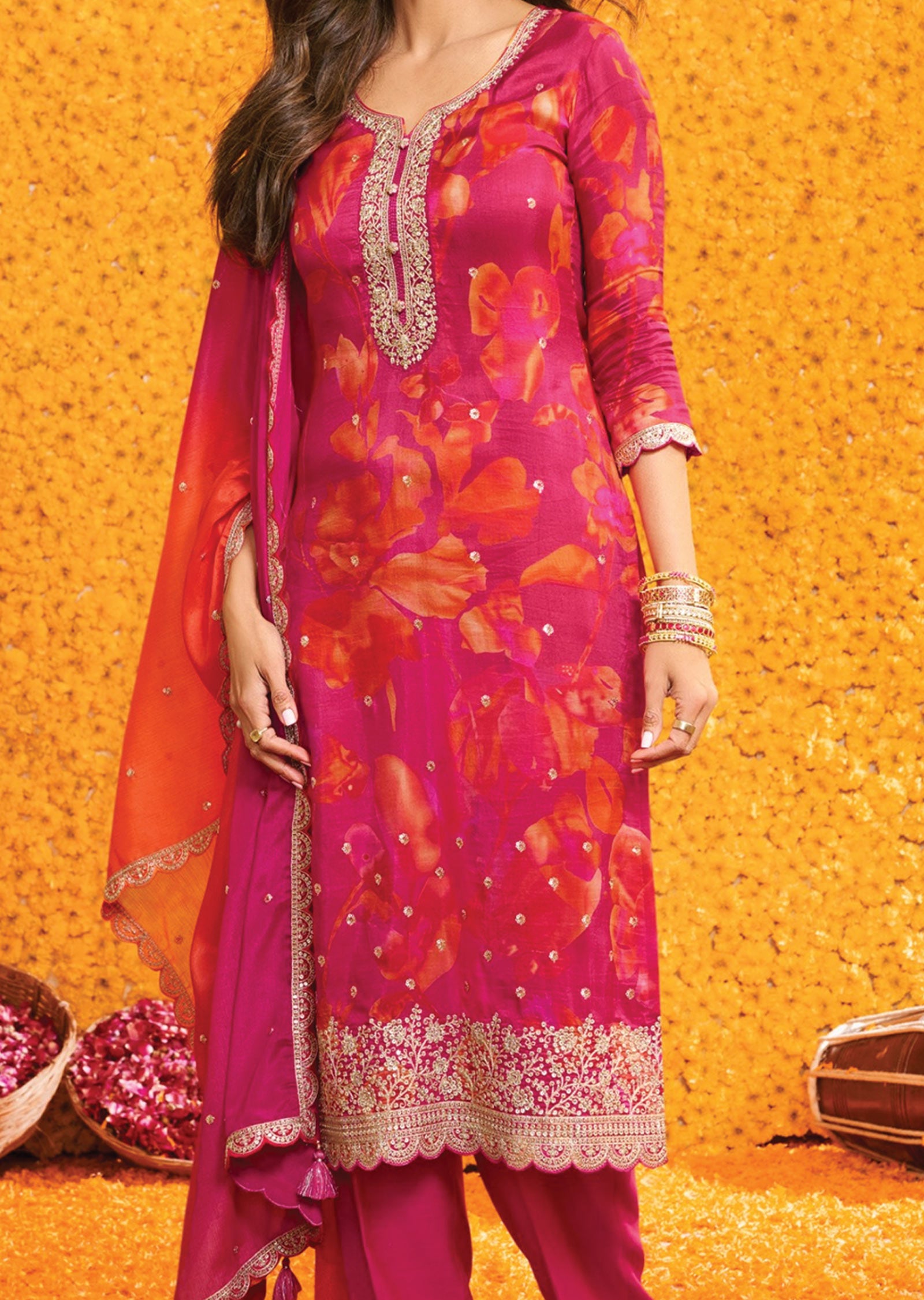 Rani Pink Banarasi Silk Straight Cut Suit