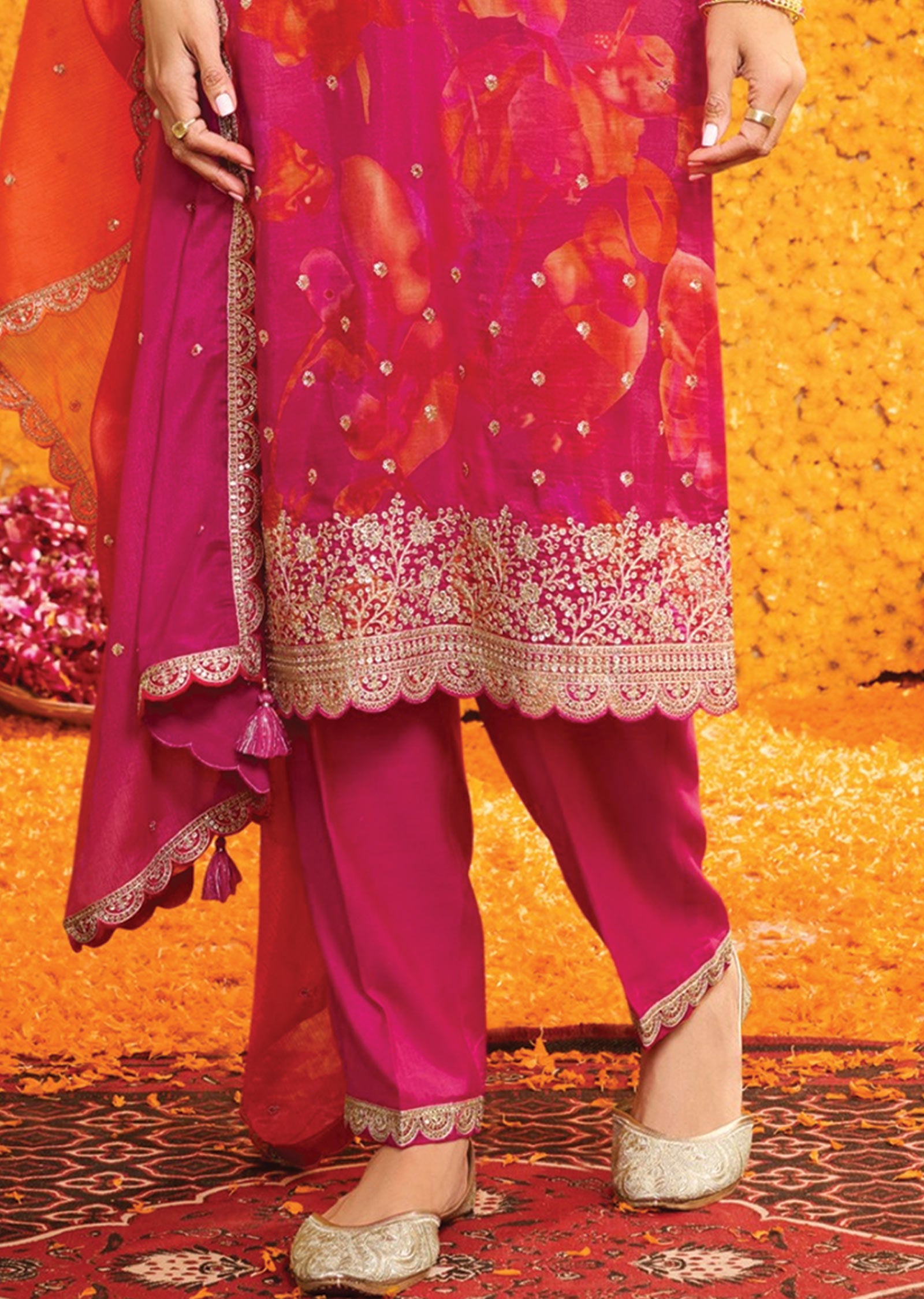 Rani Pink Banarasi Silk Straight Cut Suit