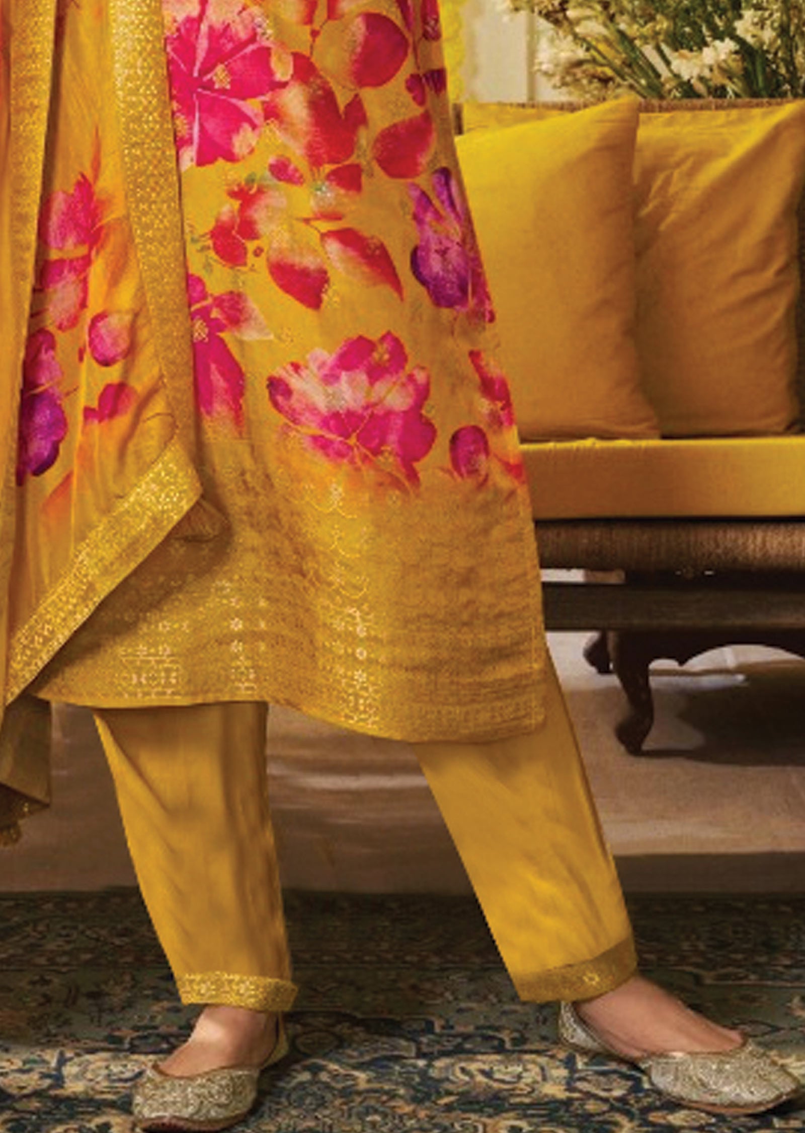 Mustard Banarasi Silk Straight Cut Suit