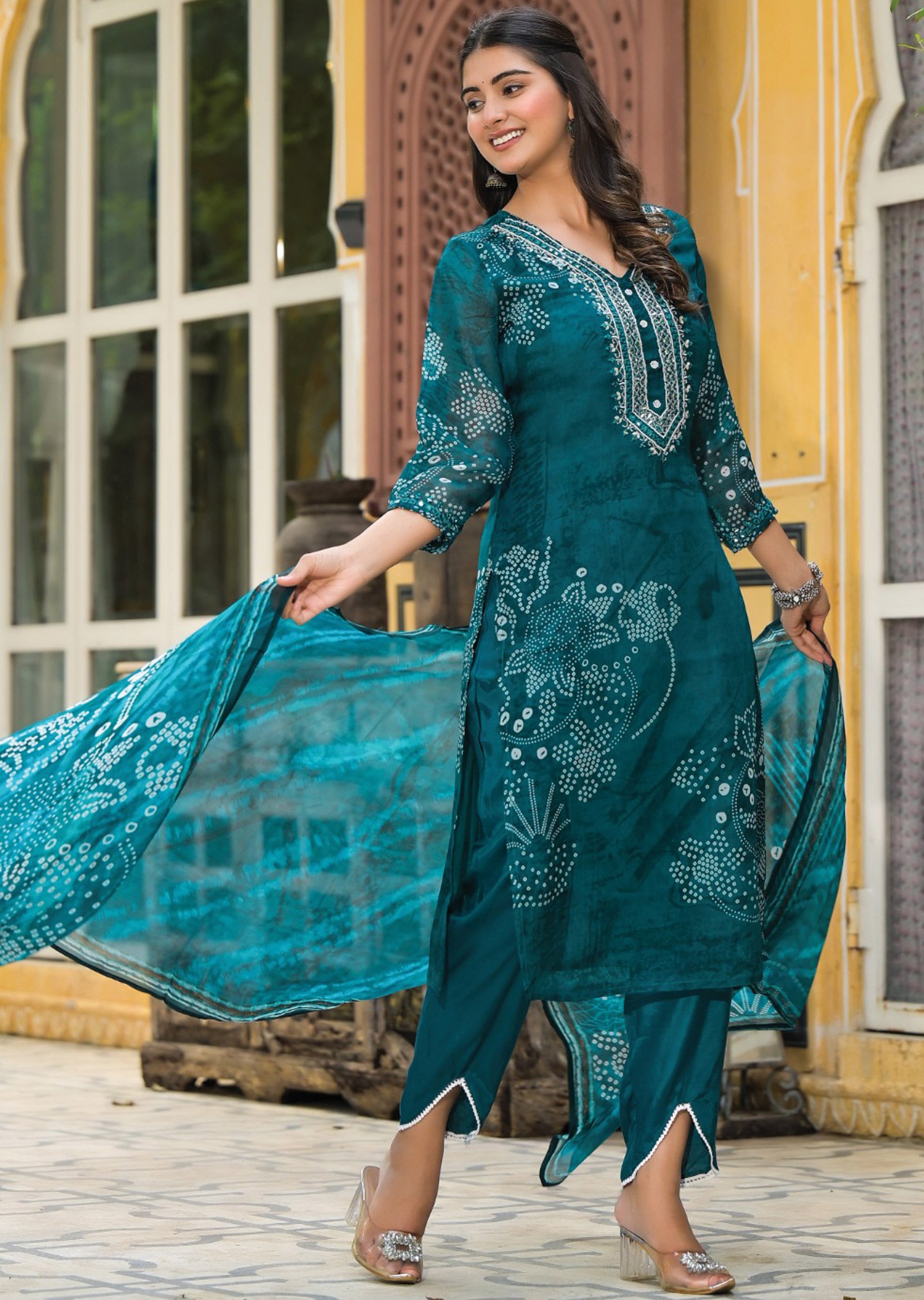 Rama Green Organza Straight Cut Suit