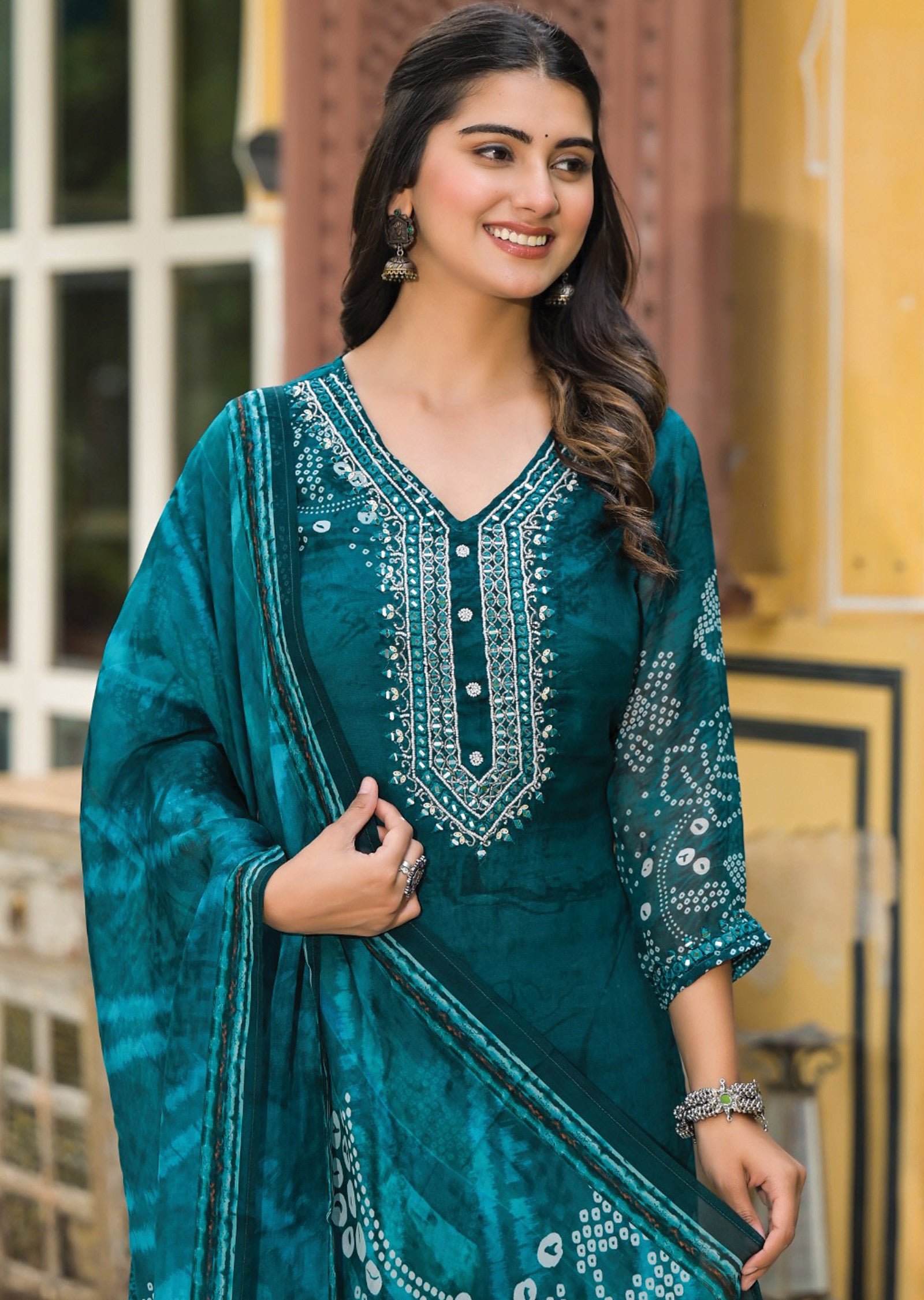 Rama Green Organza Straight Cut Suit