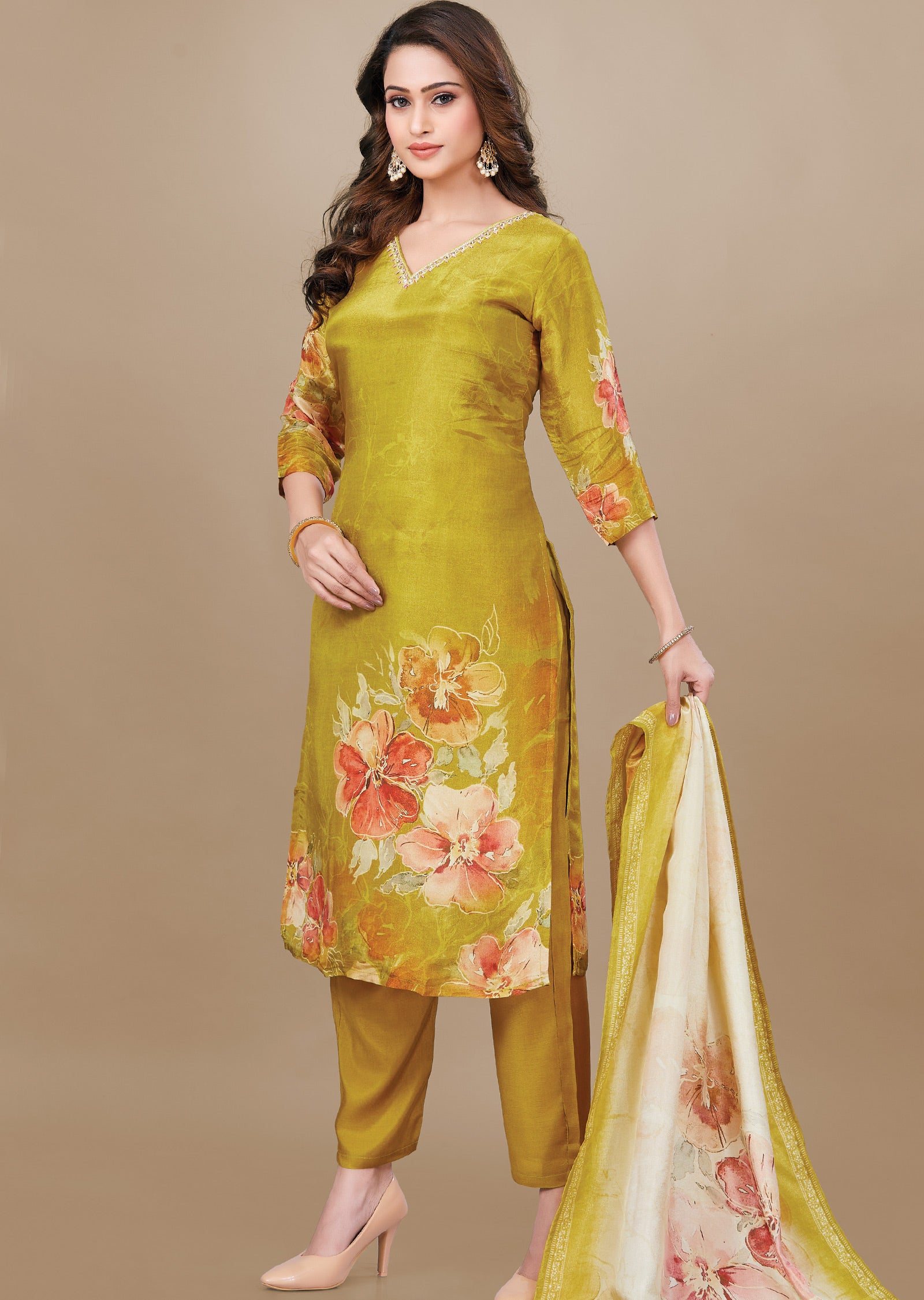 Dark Mustard Tissue Silk Straight Cut Suit