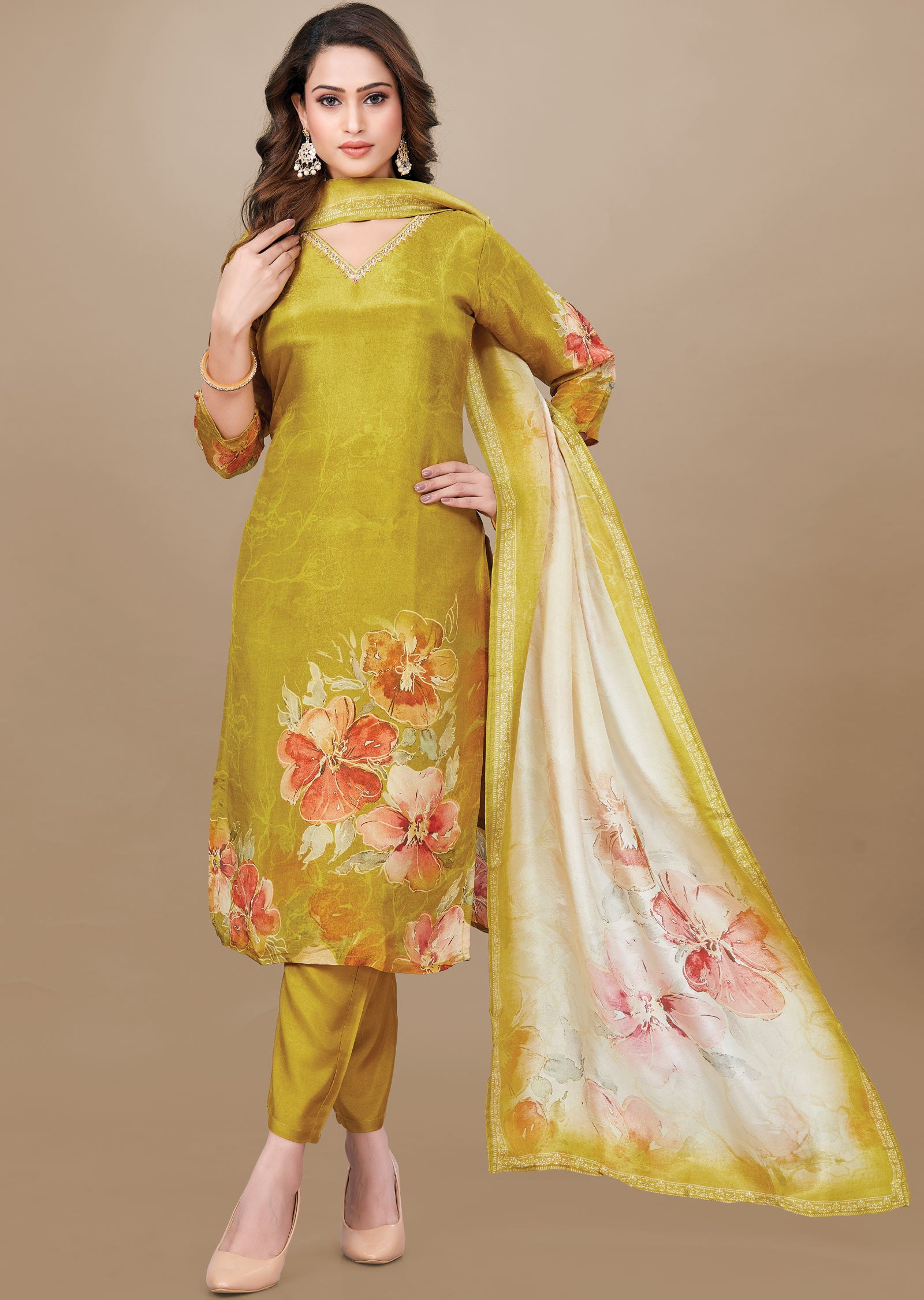 Dark Mustard Tissue Silk Straight Cut Suit