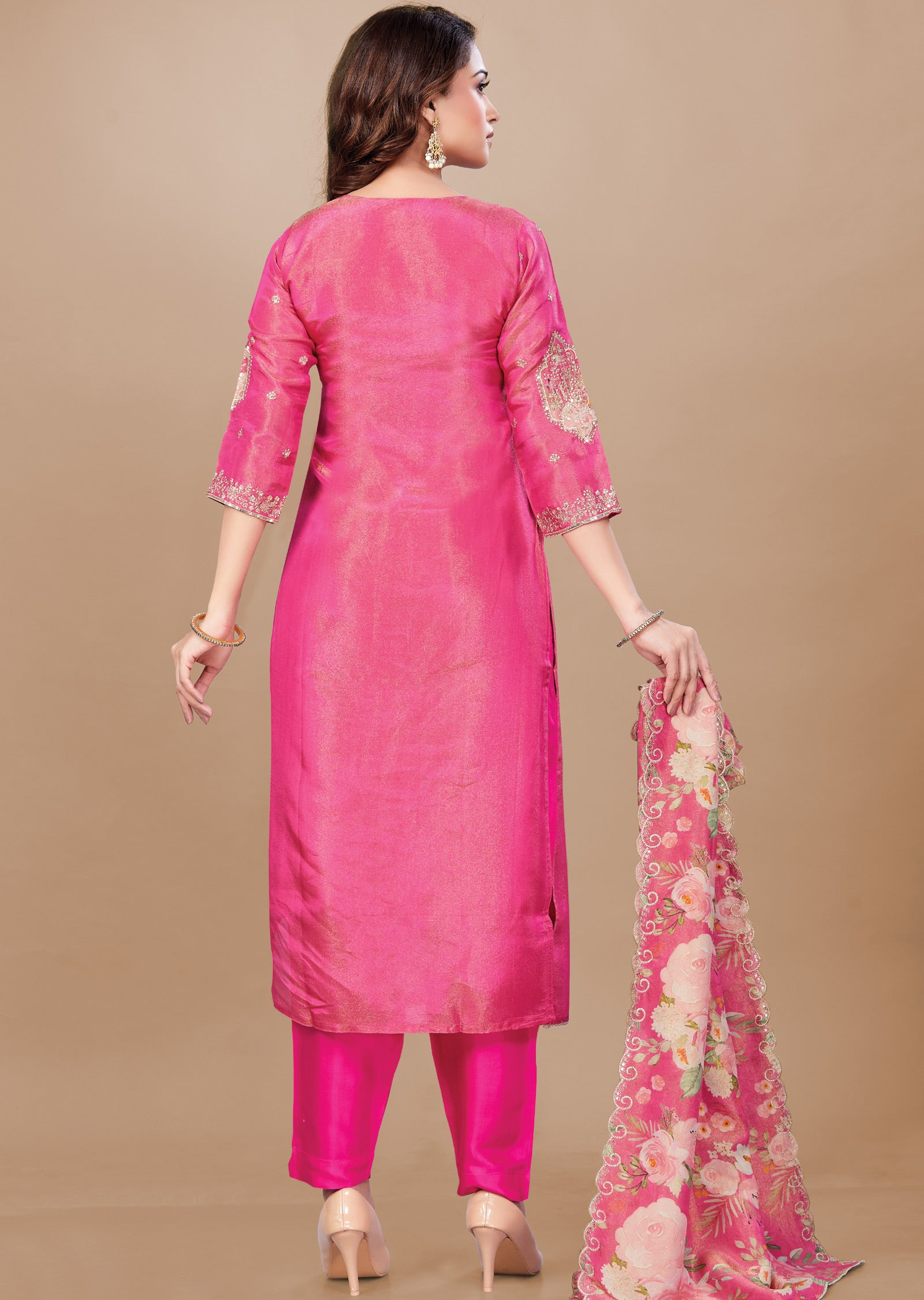 Rani Pink Tissue Silk Straight Cut Suit