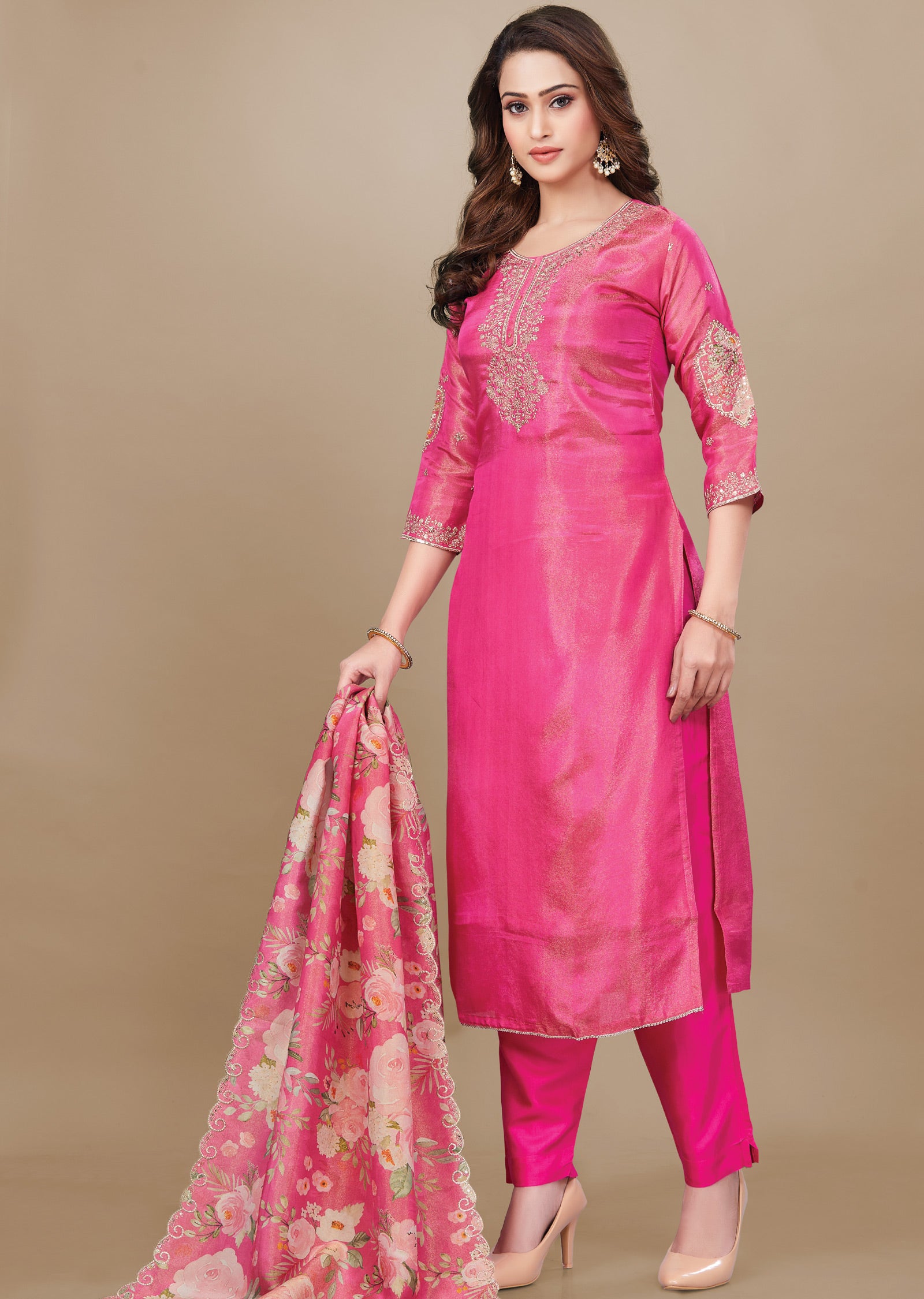 Rani Pink Tissue Silk Straight Cut Suit