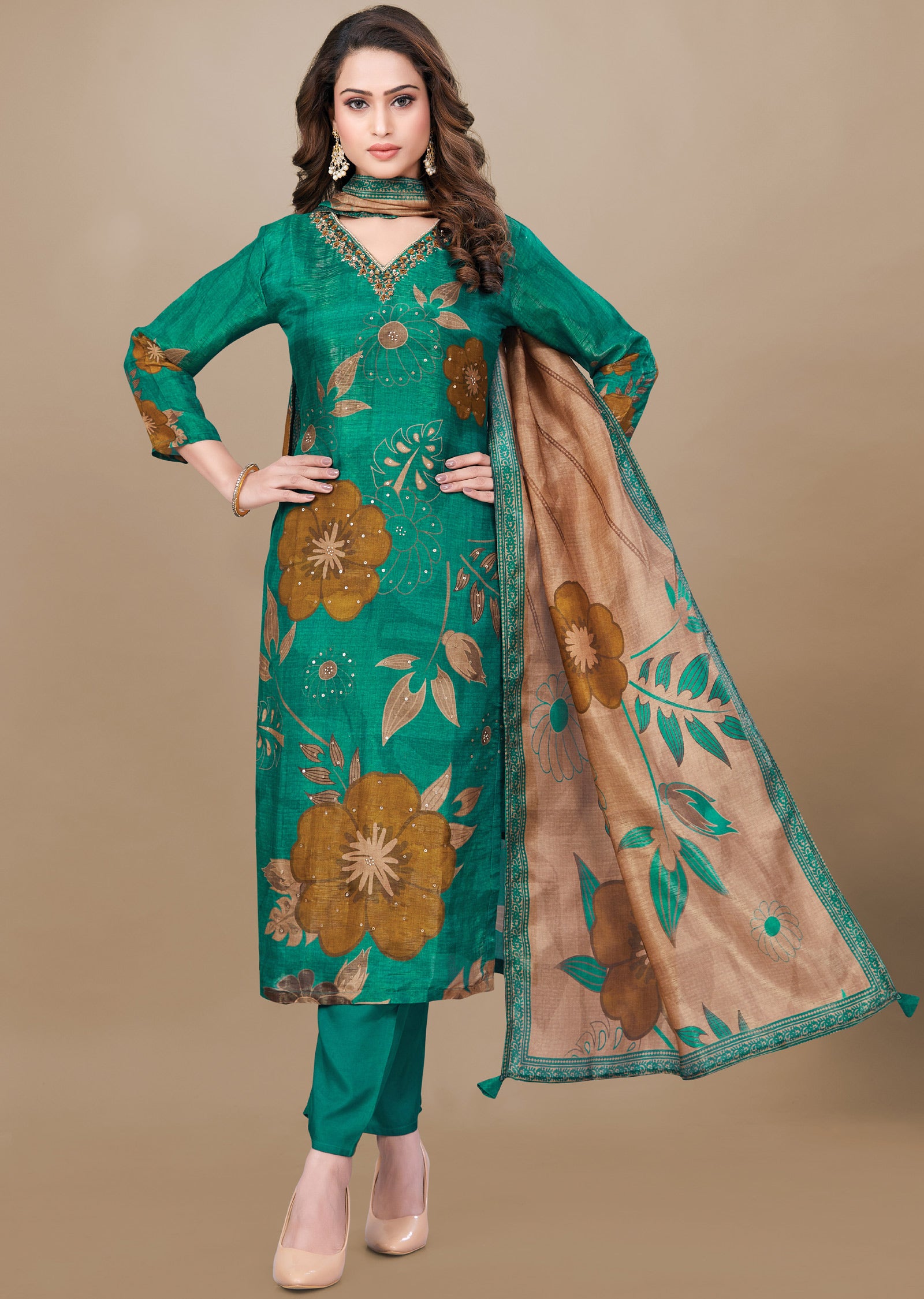 Green Tissue Silk Straight Cut Suit