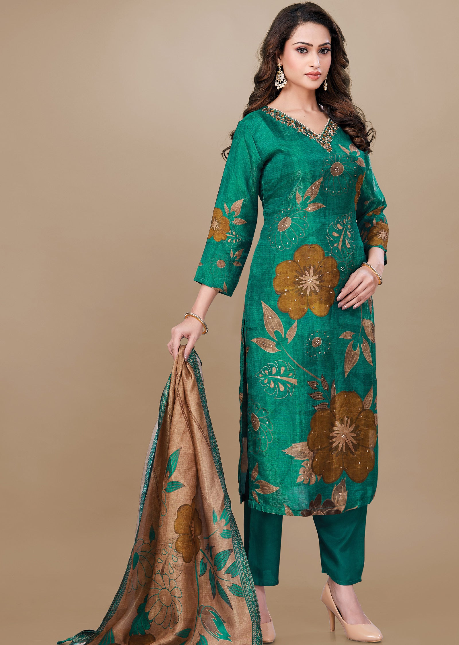 Green Tissue Silk Straight Cut Suit