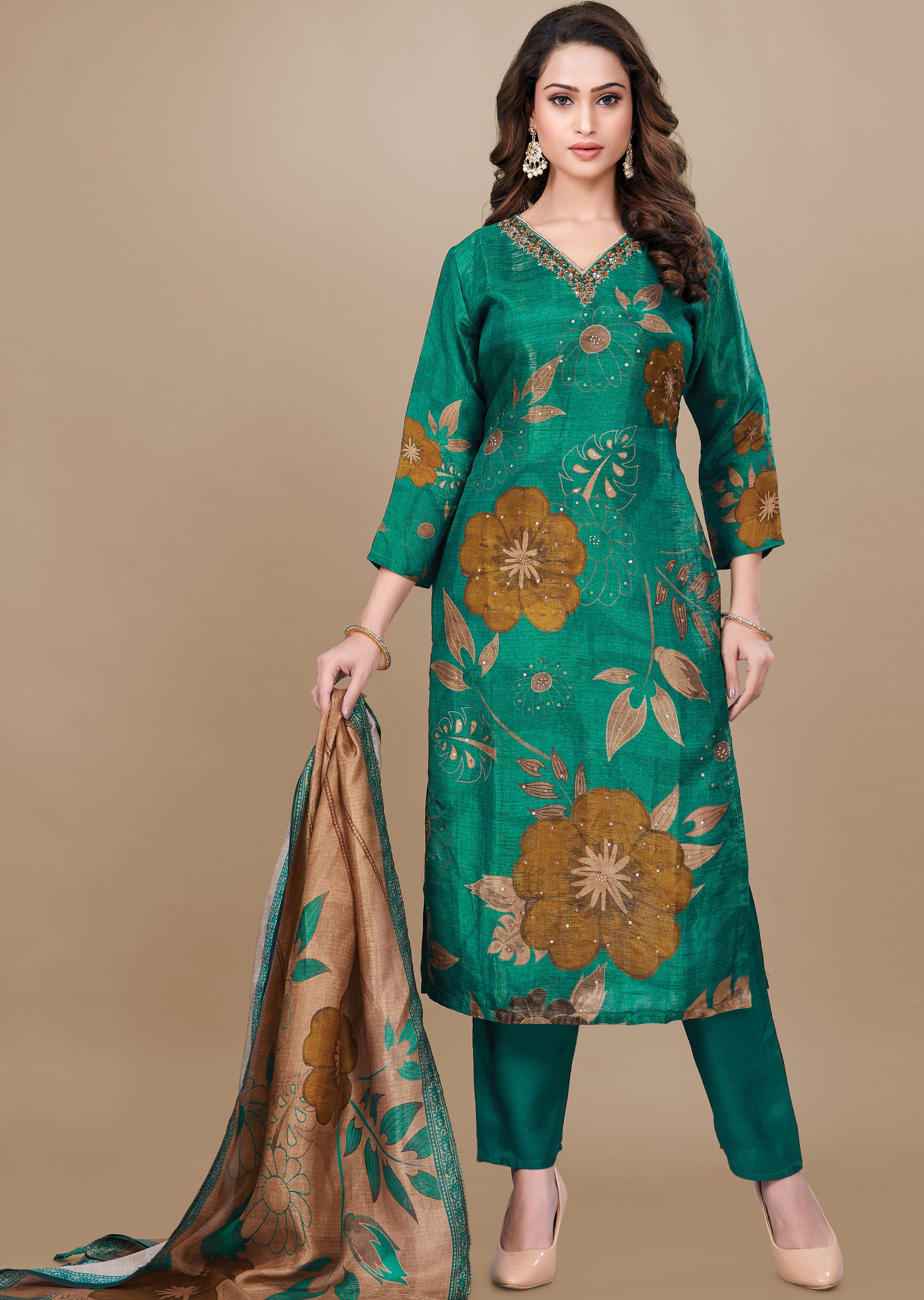 Green Tissue Silk Straight Cut Suit