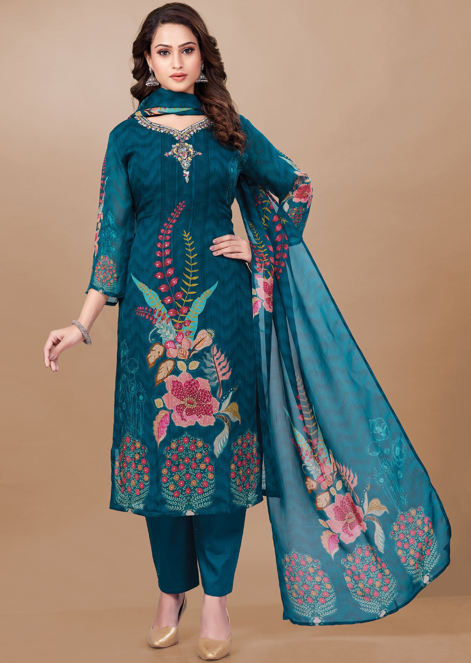 Rama Blue Organza Straight Cut Suit