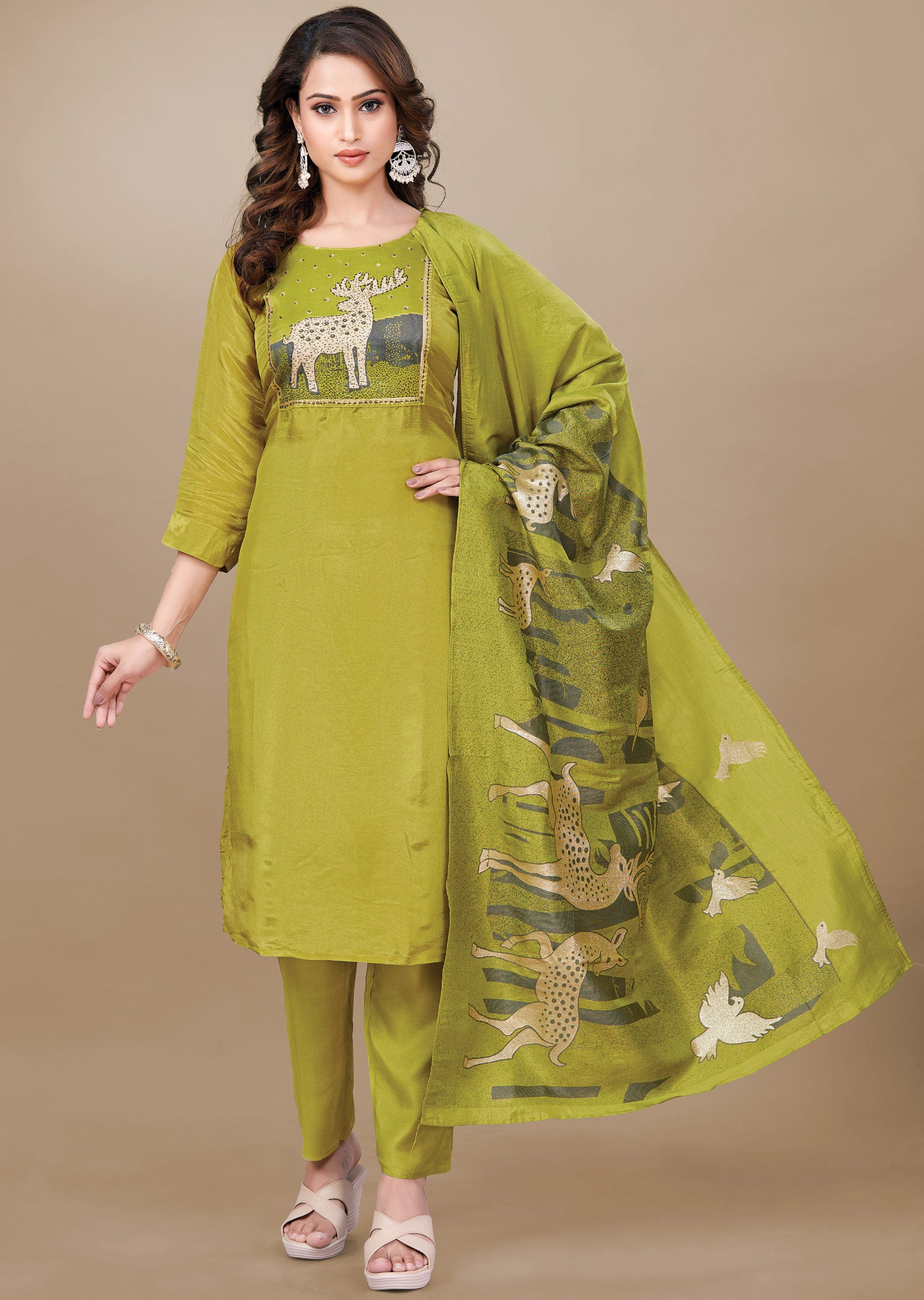 Lime Green Tissue Silk Straight Cut Suit