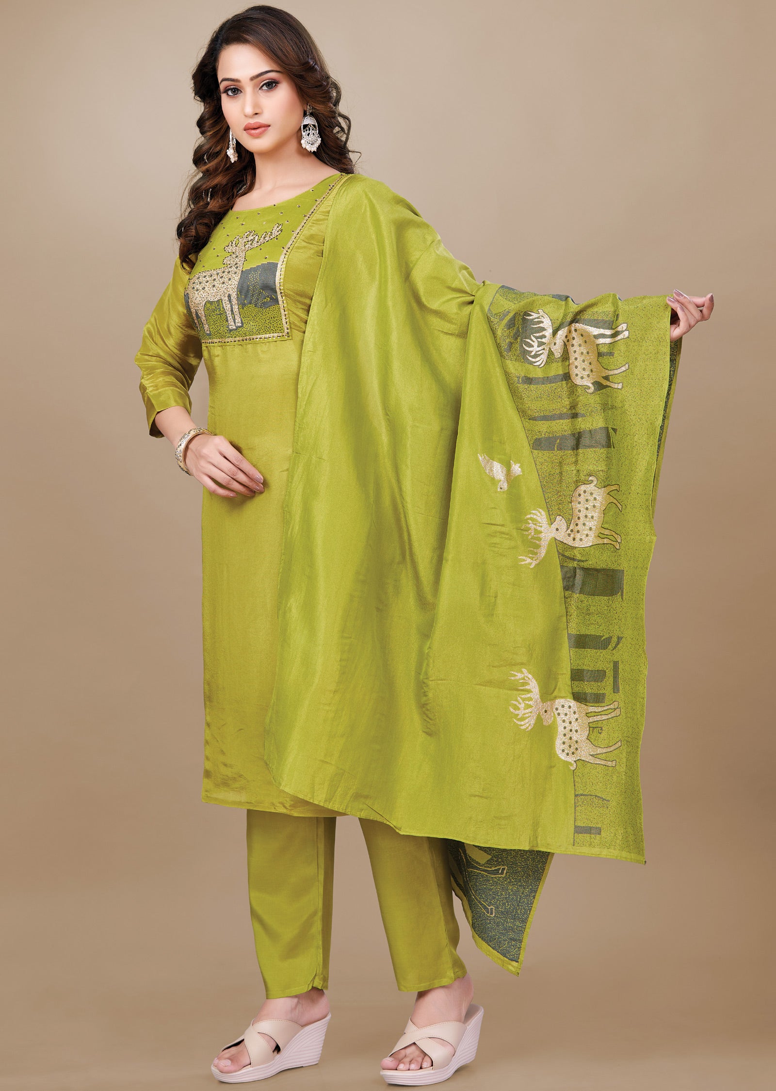 Lime Green Tissue Silk Straight Cut Suit