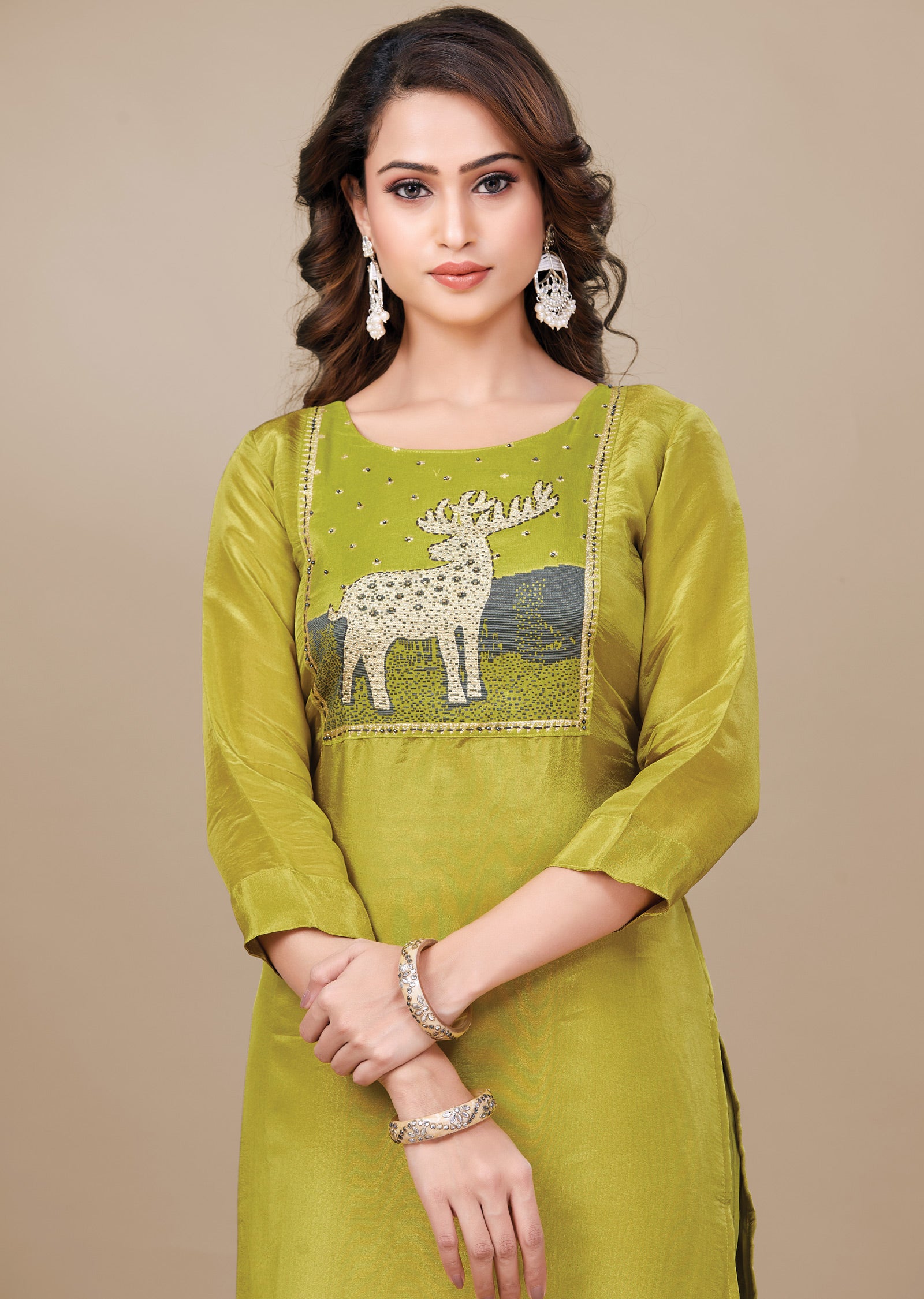 Lime Green Tissue Silk Straight Cut Suit