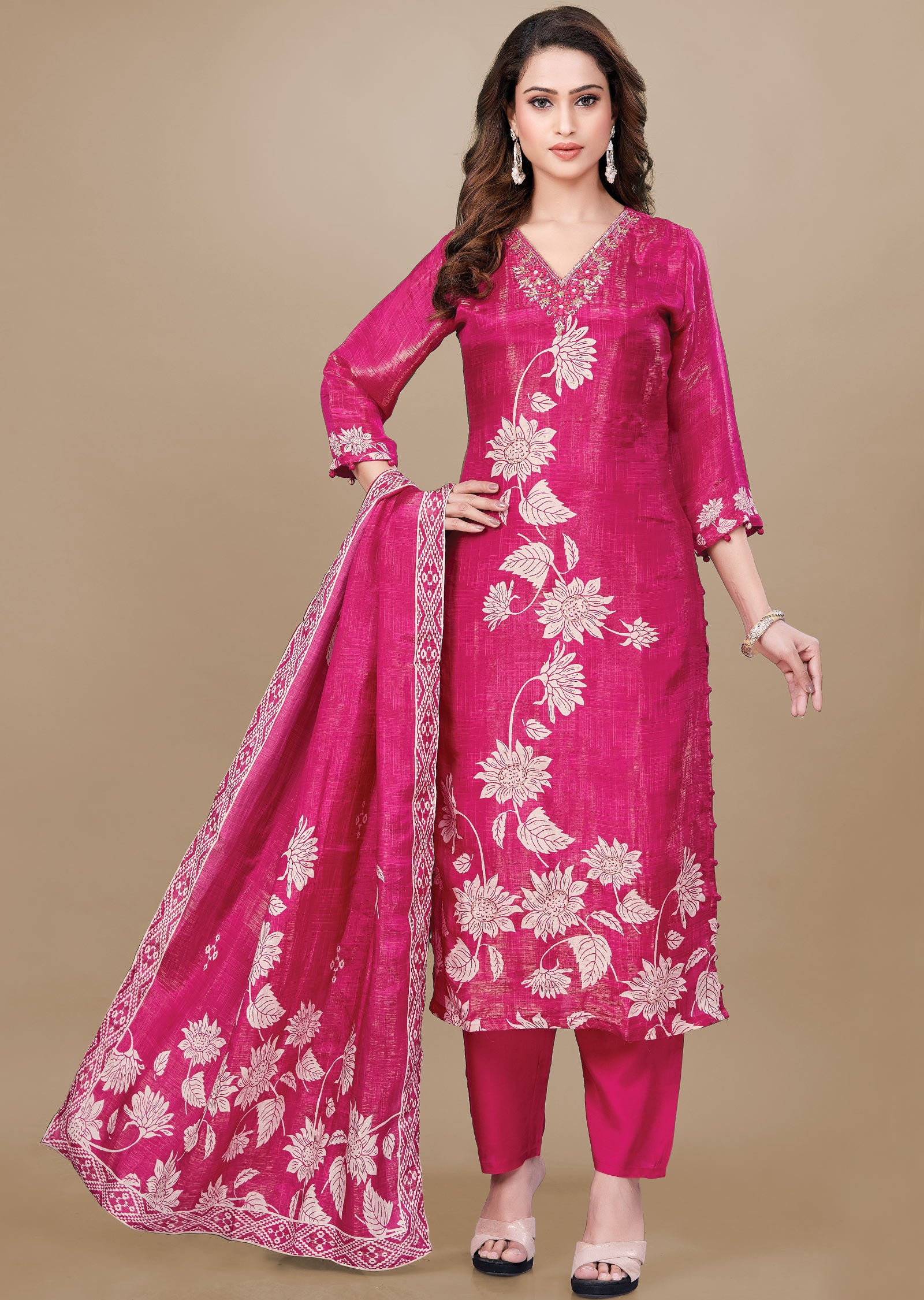 Dark Rani Pink Tissue Silk Straight Cut Suit