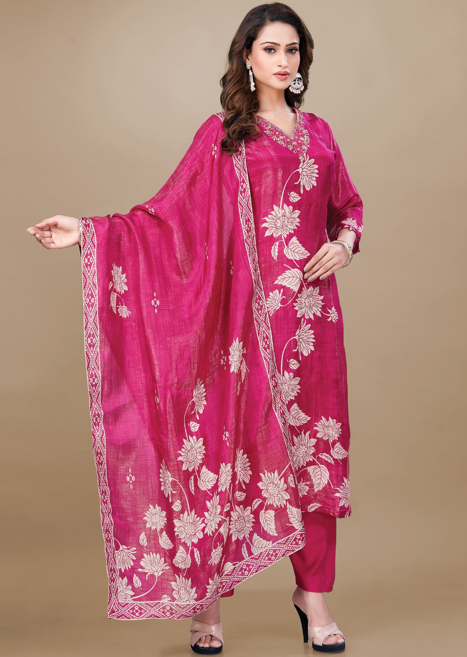 Dark Rani Pink Tissue Silk Straight Cut Suit