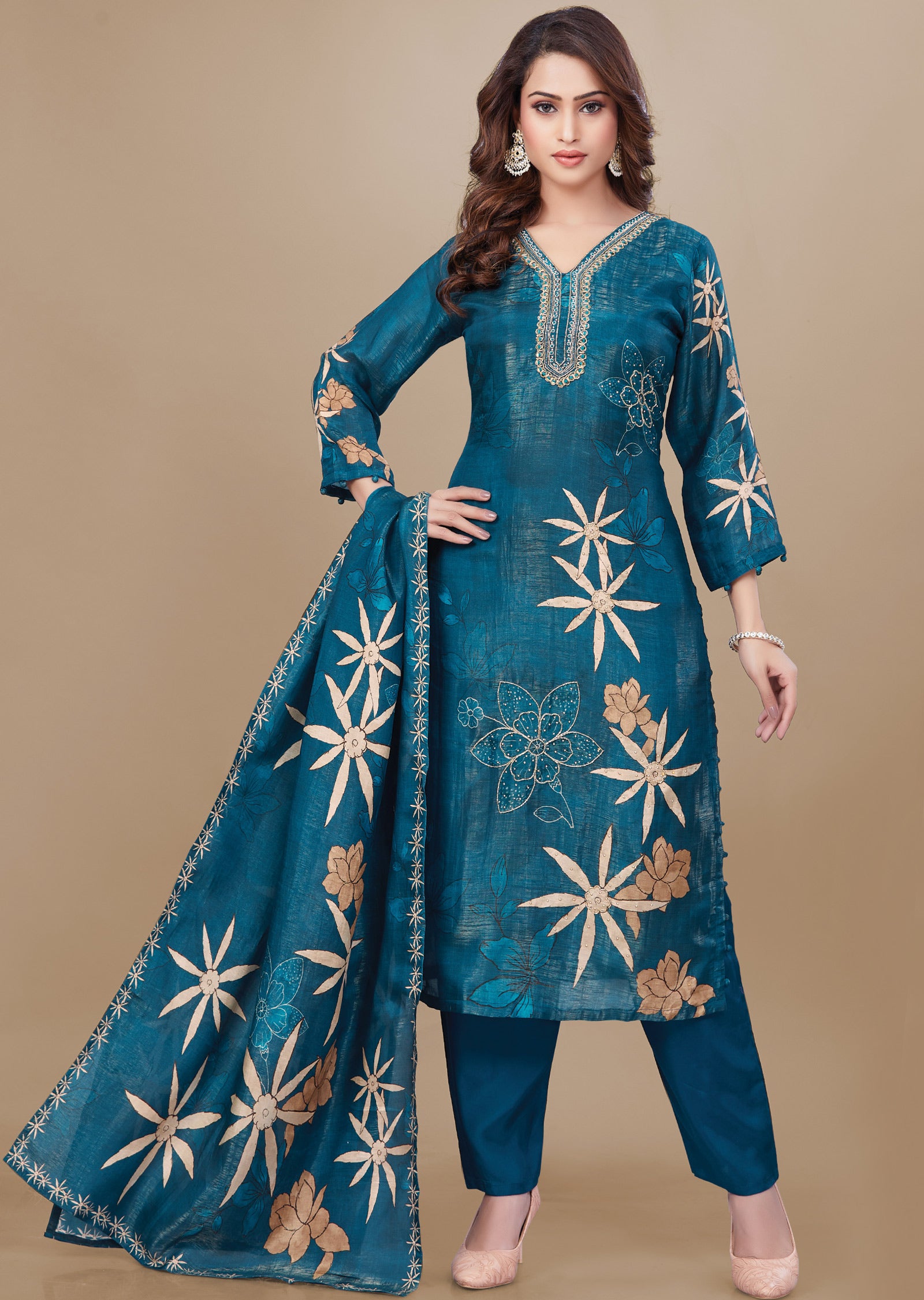 Teal Blue Tissue Silk Straight Cut Suit