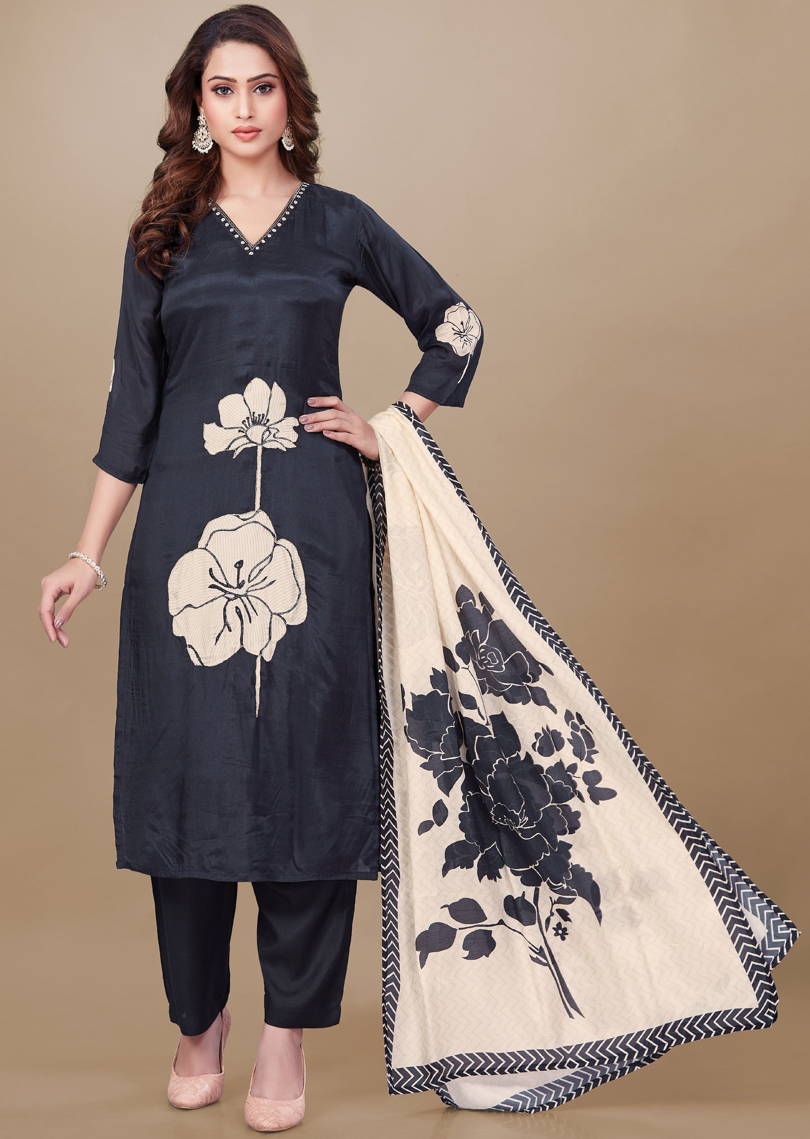 Black & Beige Muslin Straight Cut Suit