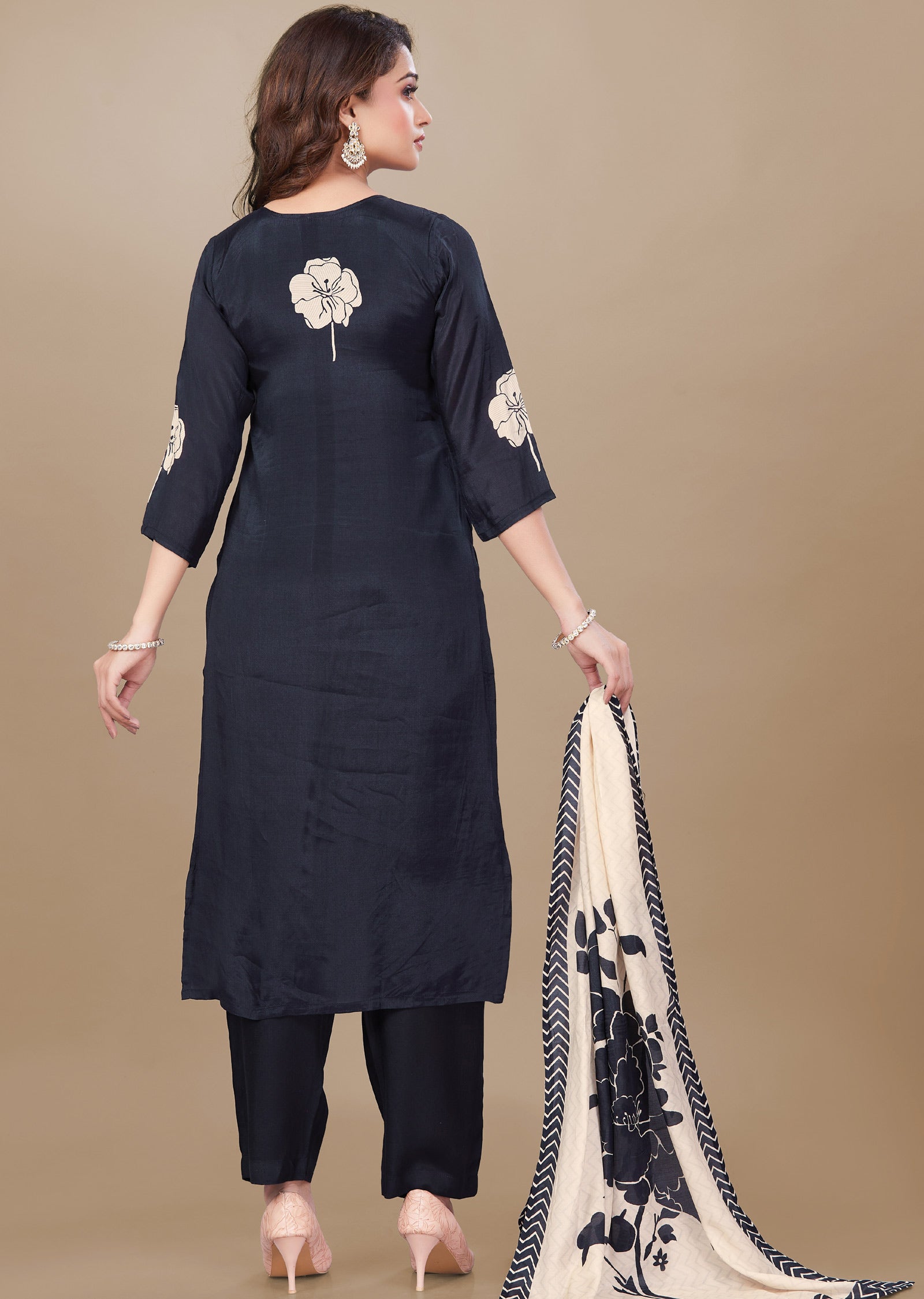 Black & Beige Muslin Straight Cut Suit