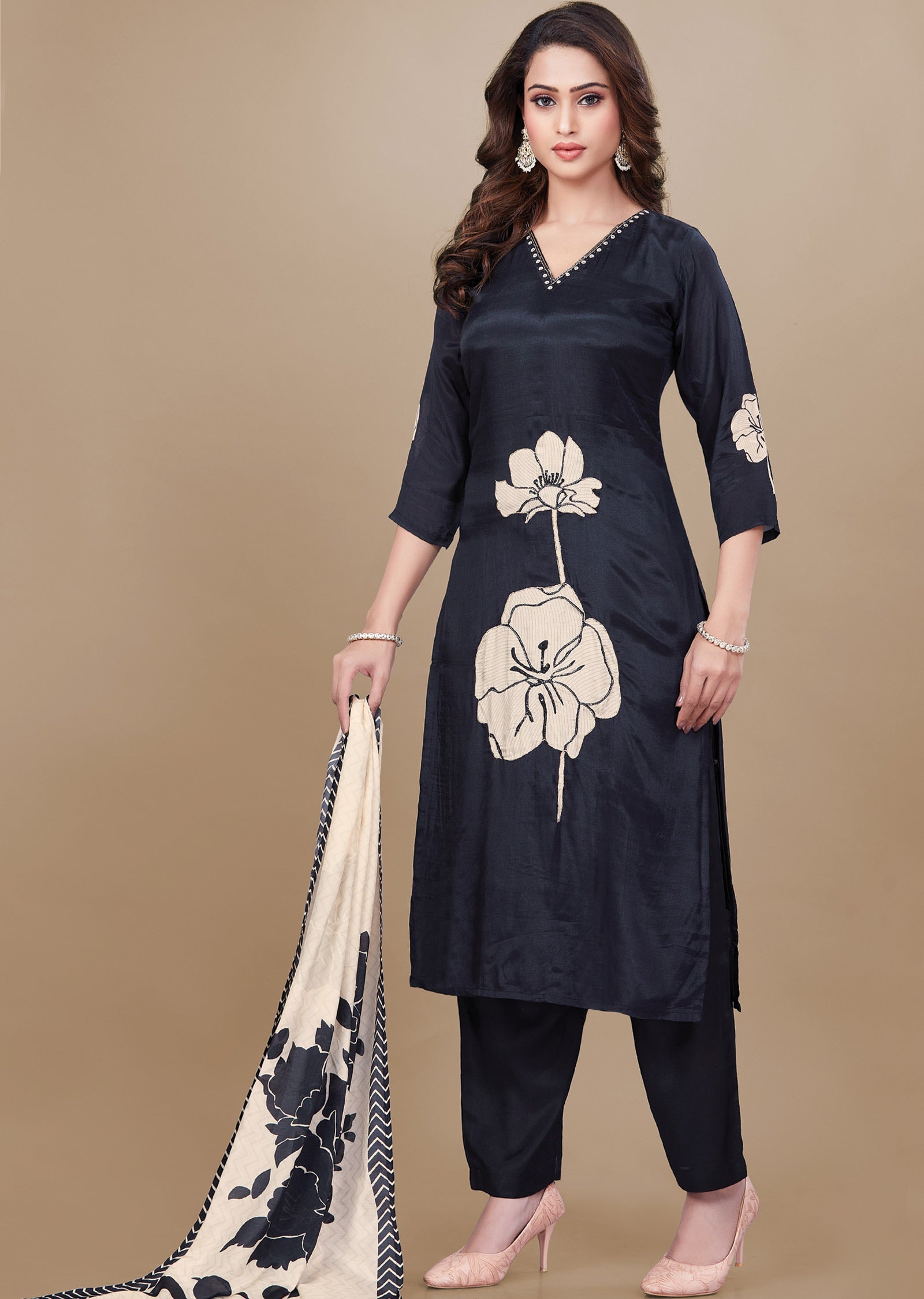 Black & Beige Muslin Straight Cut Suit