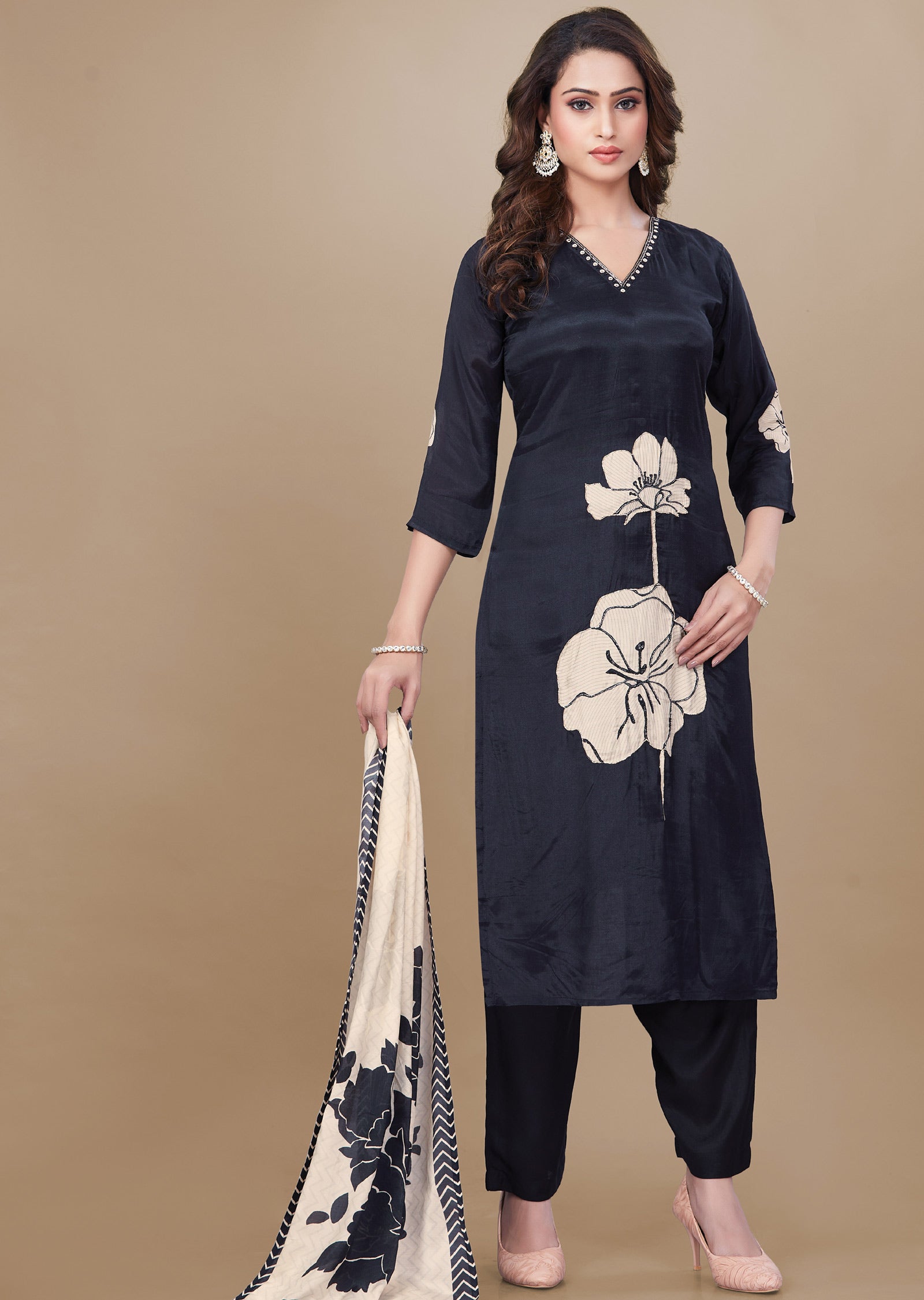 Black & Beige Muslin Straight Cut Suit