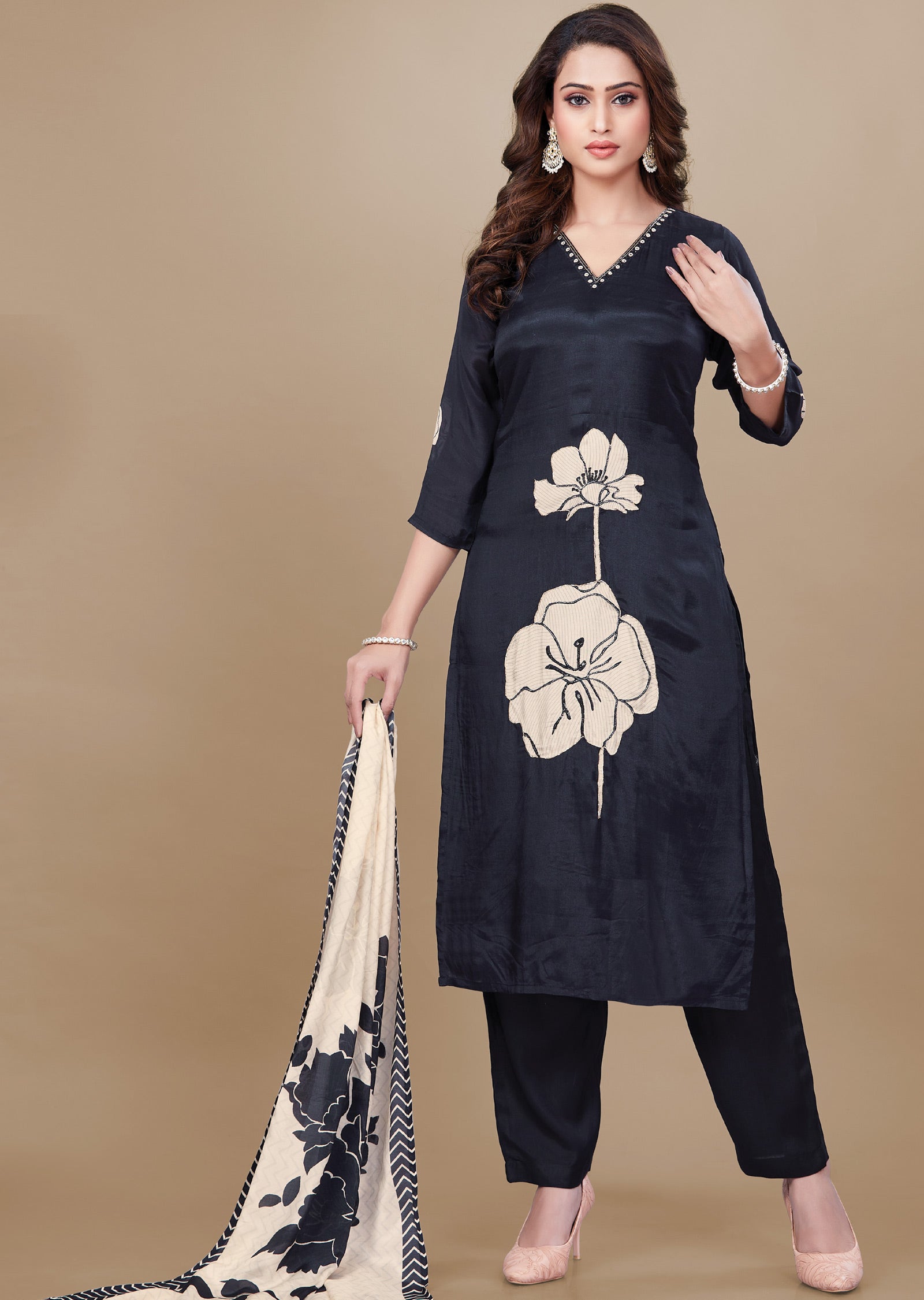 Black & Beige Muslin Straight Cut Suit