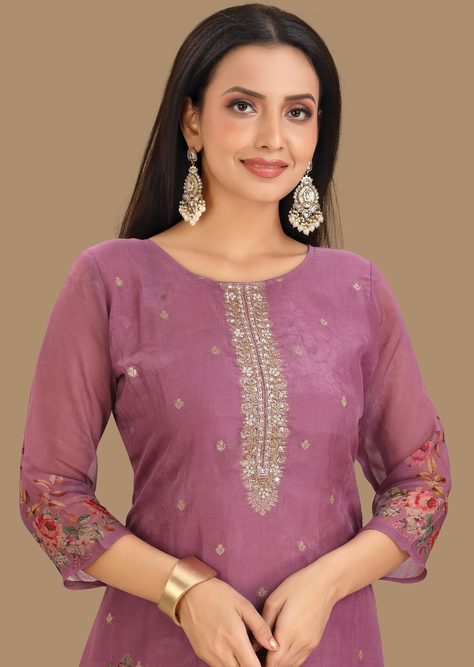 Lavender Banarasi Organza Straight Cut Suit