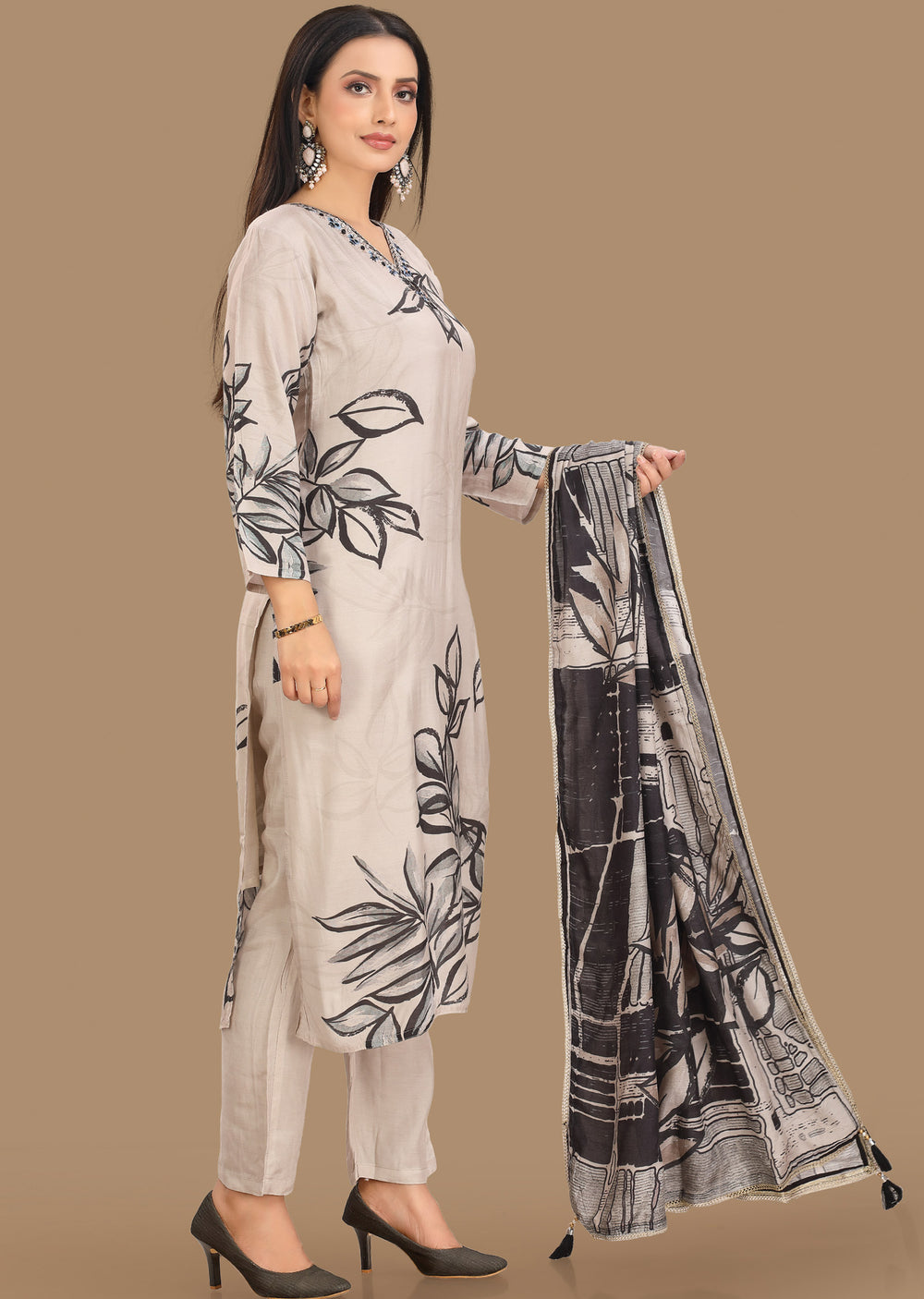 Black and Off White Muslin Printed & Beaded Work Neck Pattern Straight Suit main image 0