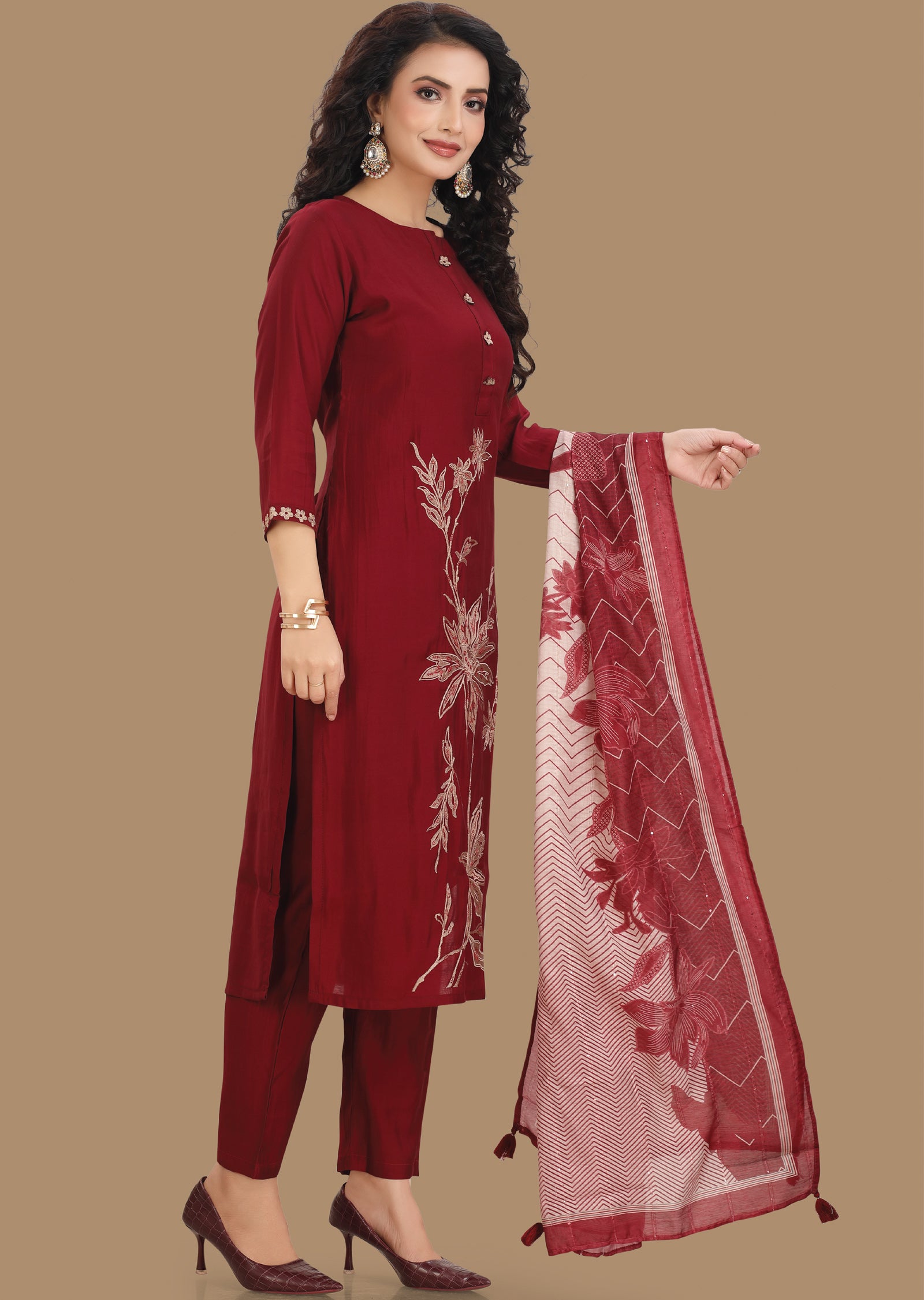 Maroon Muslin Straight Cut Suit