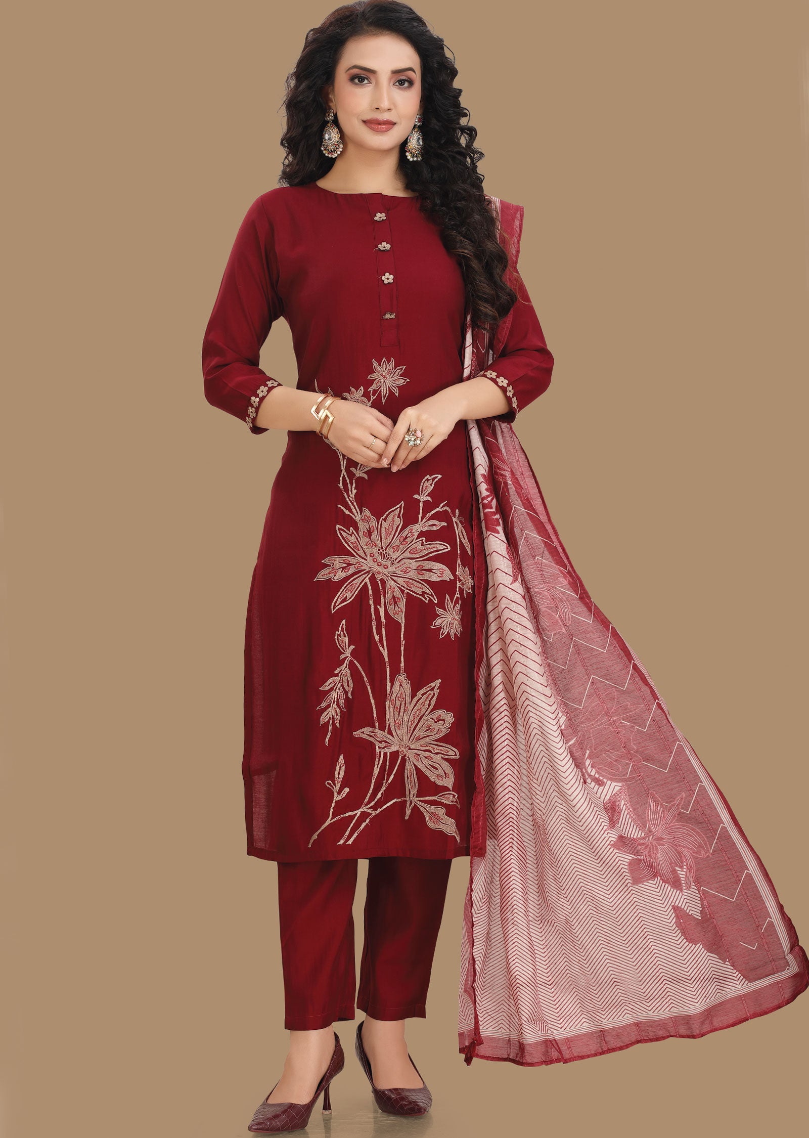 Maroon Muslin Straight Cut Suit