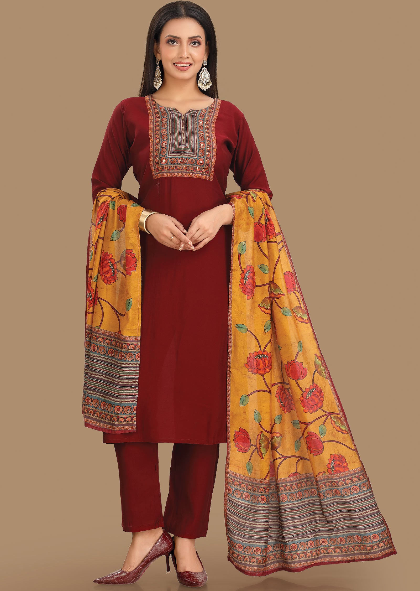 Maroon Russian Silk Straight Cut Suit