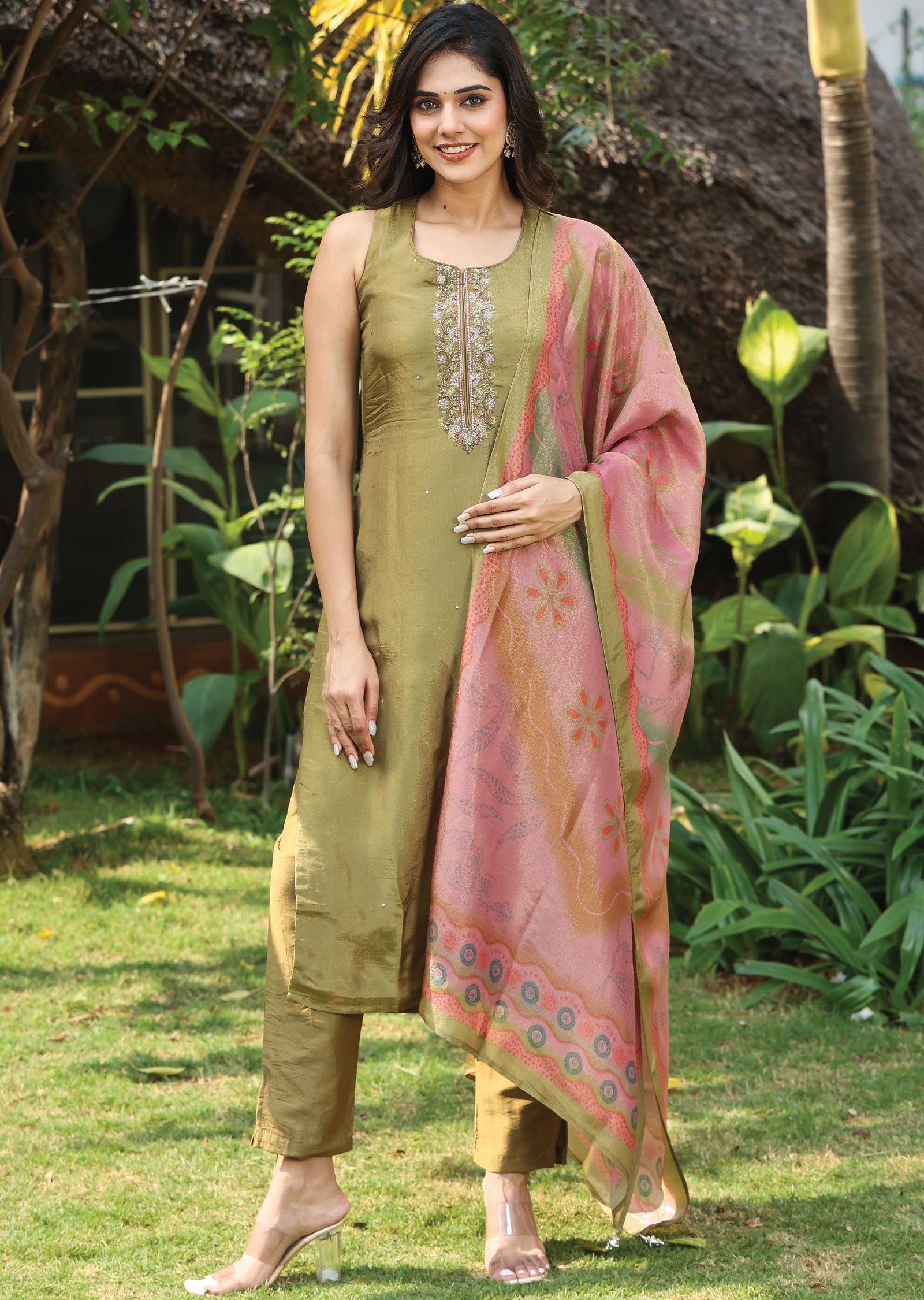 Mehendi Green Tissue Silk Straight Cut Suit