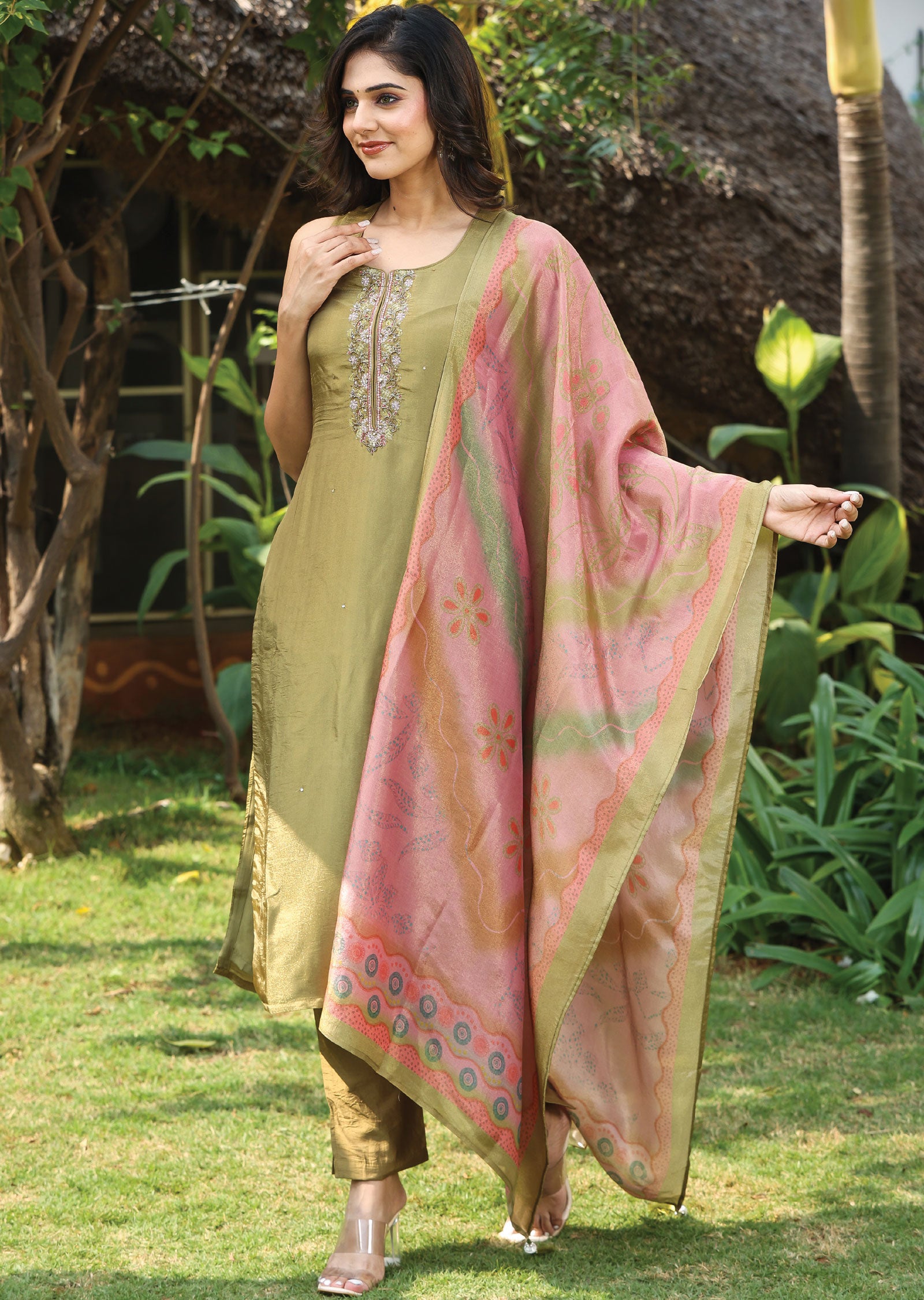 Mehendi Green Tissue Silk Straight Cut Suit