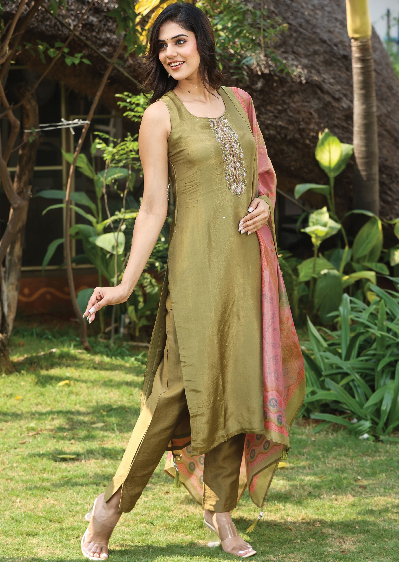 Mehendi Green Tissue Silk Straight Cut Suit