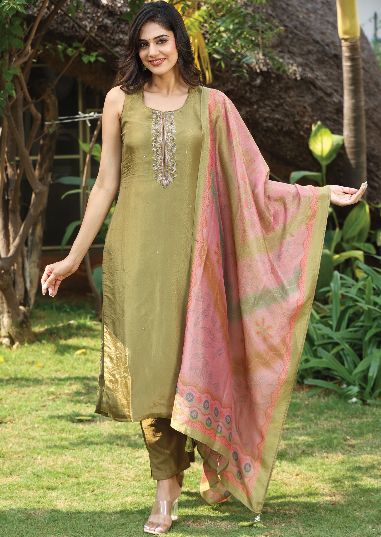 Mehendi Green Tissue Silk Straight Cut Suit