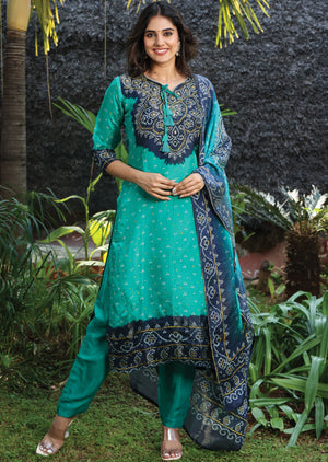 Green & Navy Blue Tissue Silk Straight Cut Suit