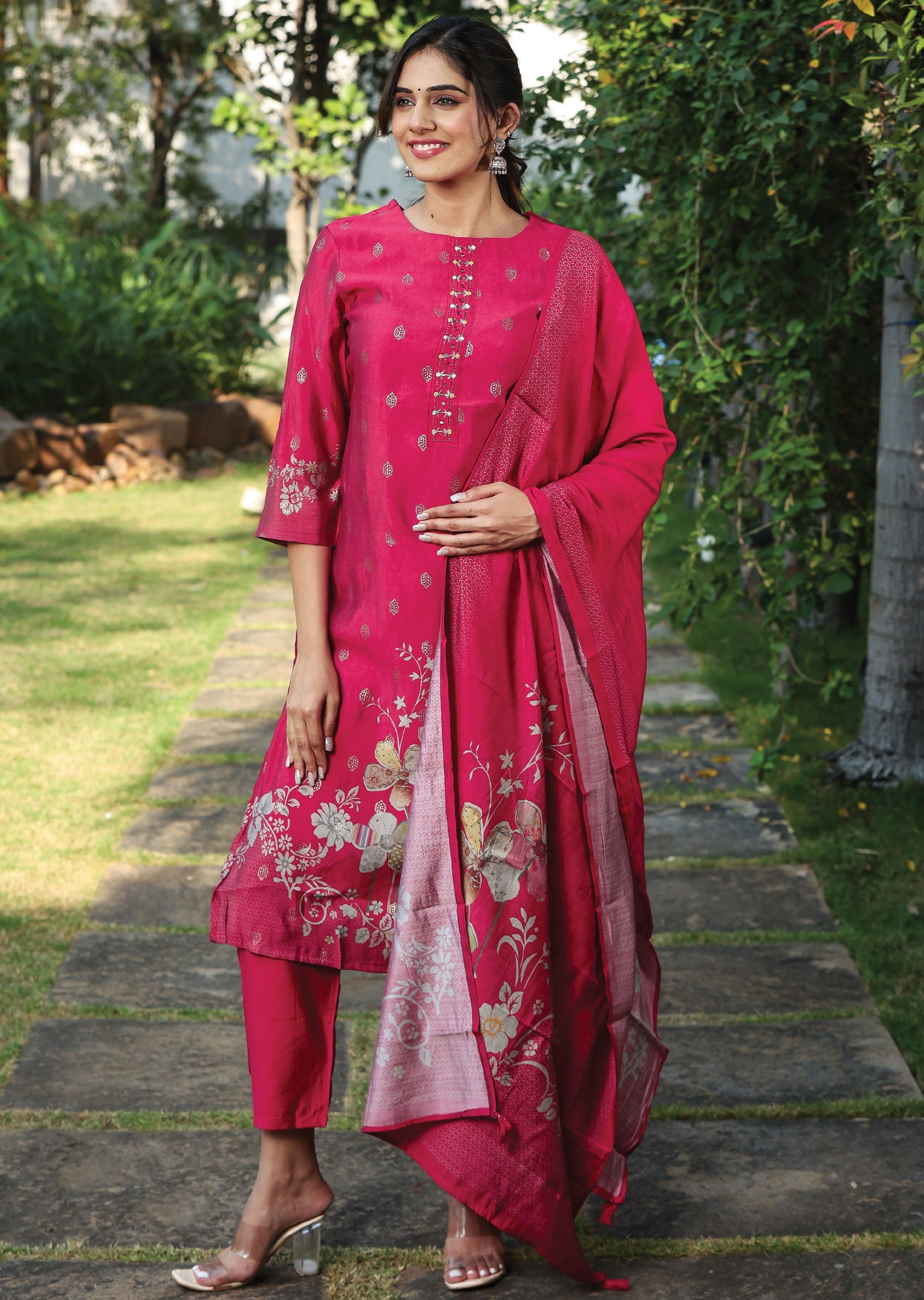 Red Muslin Straight Cut Suit