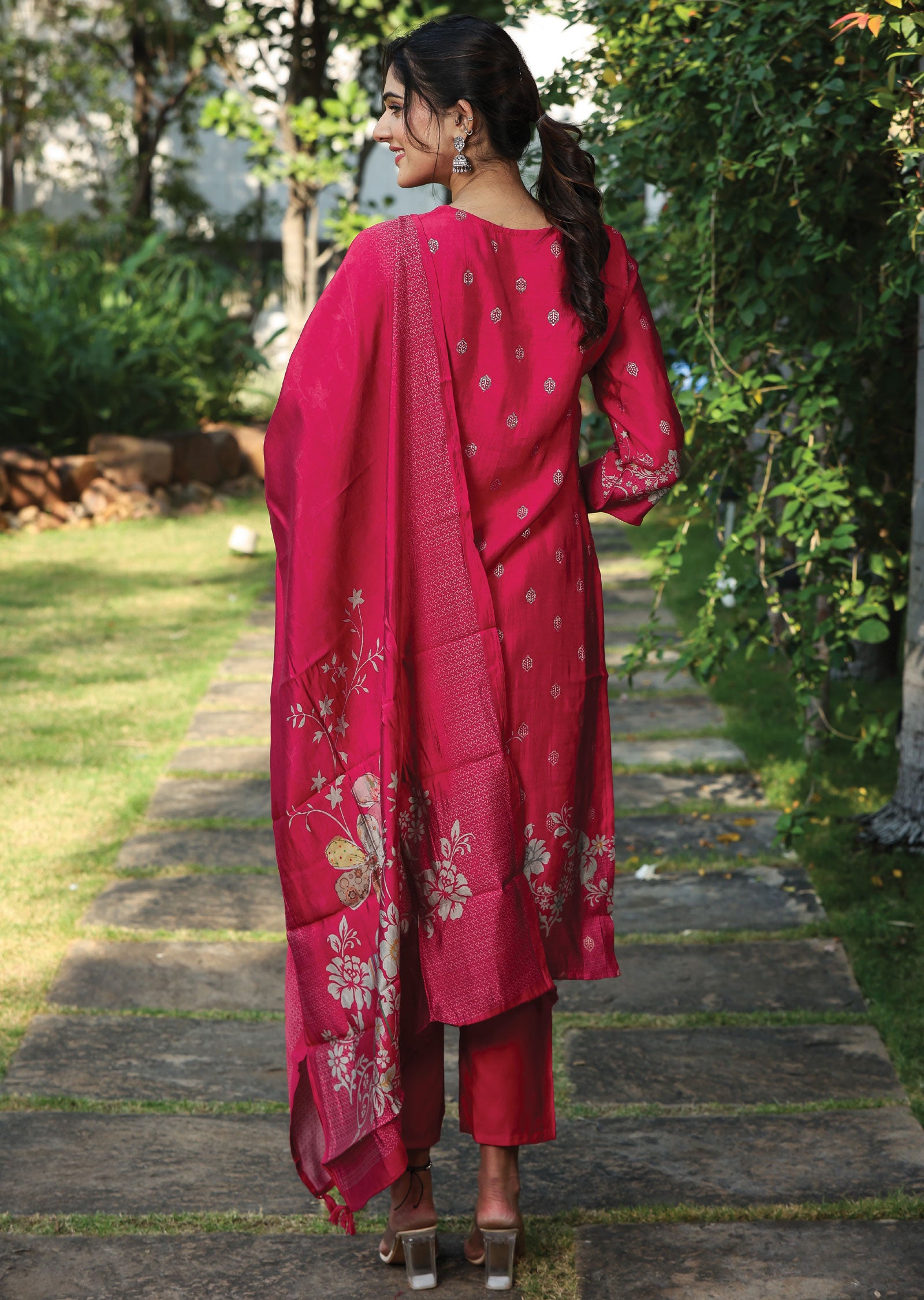 Red Muslin Straight Cut Suit