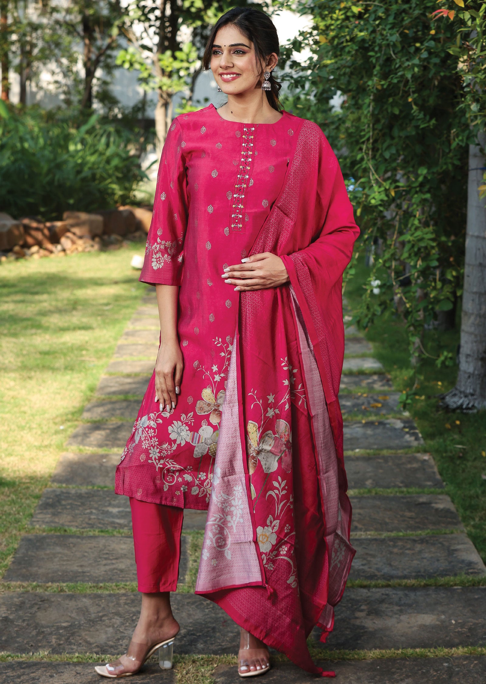 Red Muslin Straight Cut Suit