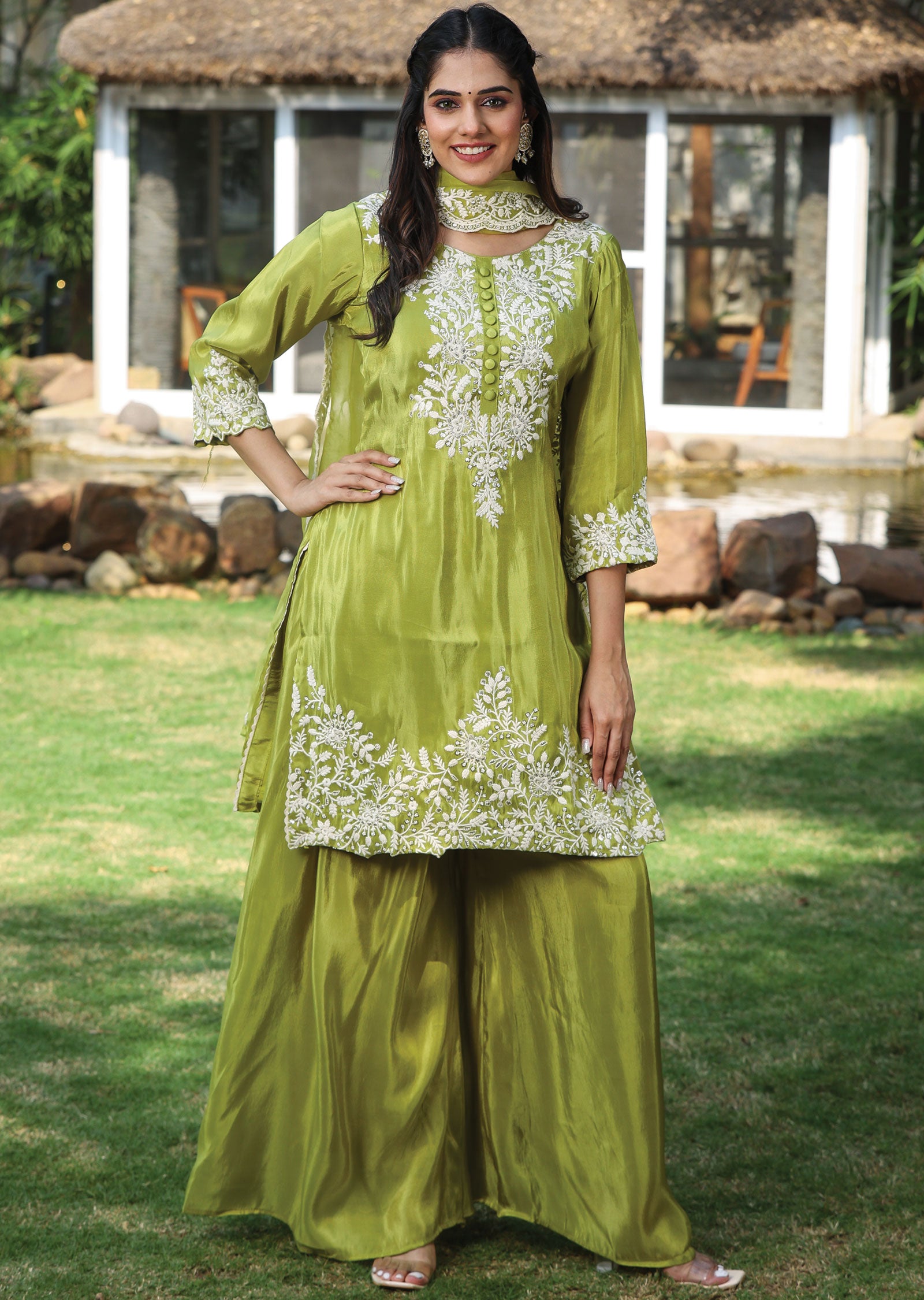 Lime Green Tissue Silk Straight Cut Suit